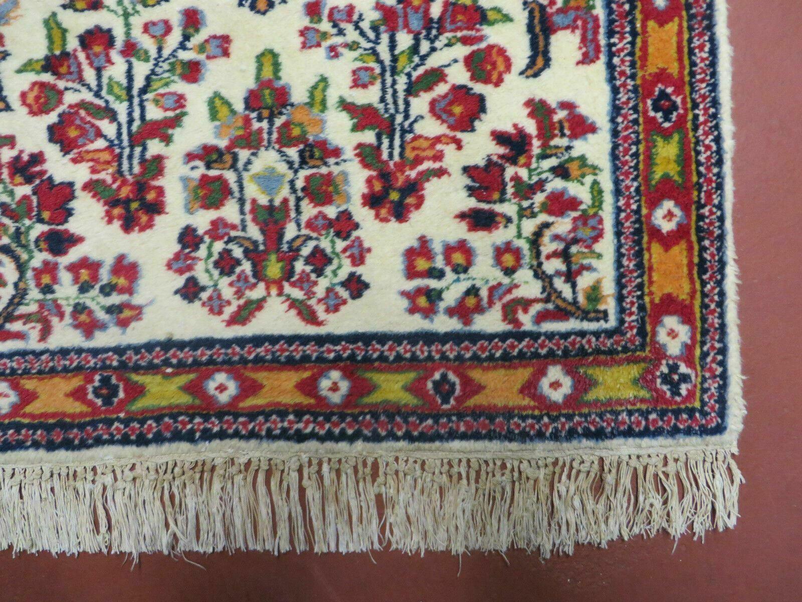 Small Persian Rug 2 x 3, Tiny Persian Sarouk Carpet, Cream Navy Blue Red, Floral Medallion, Vintage Wool Rug, Handmade Hand-Knotted Oriental Rug