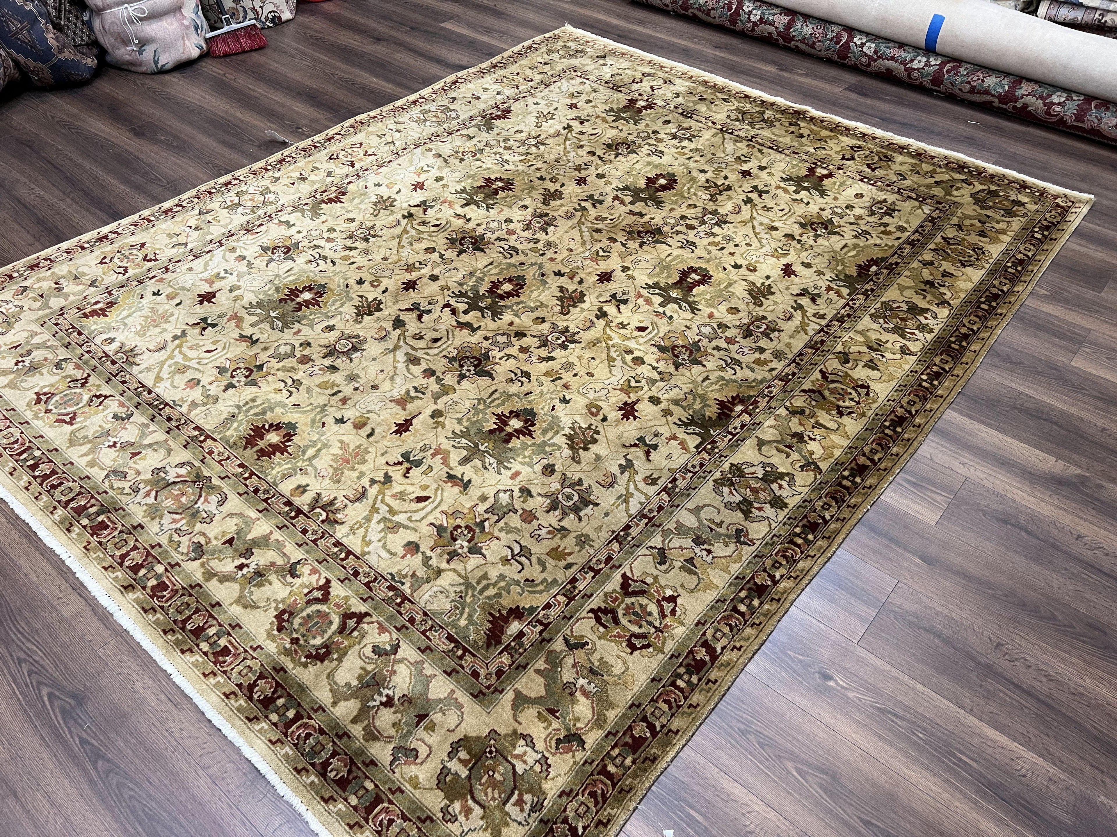 Indian Mahal Rug 8x10, Allover Floral Mahal Oriental Carpet 8 x 10, Handmade Hand Knotted Wool Rug, Indo Persian Area Rug, Tea-Washed Tan