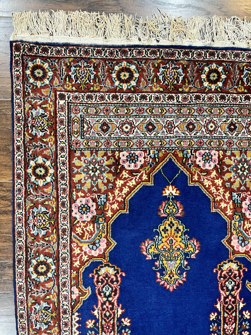 Indo Persian Prayer Rug 3x5, Fine Oriental Carpet, Dark Blue and Red, Vintage Hand Knotted Handmade Prayer Rug