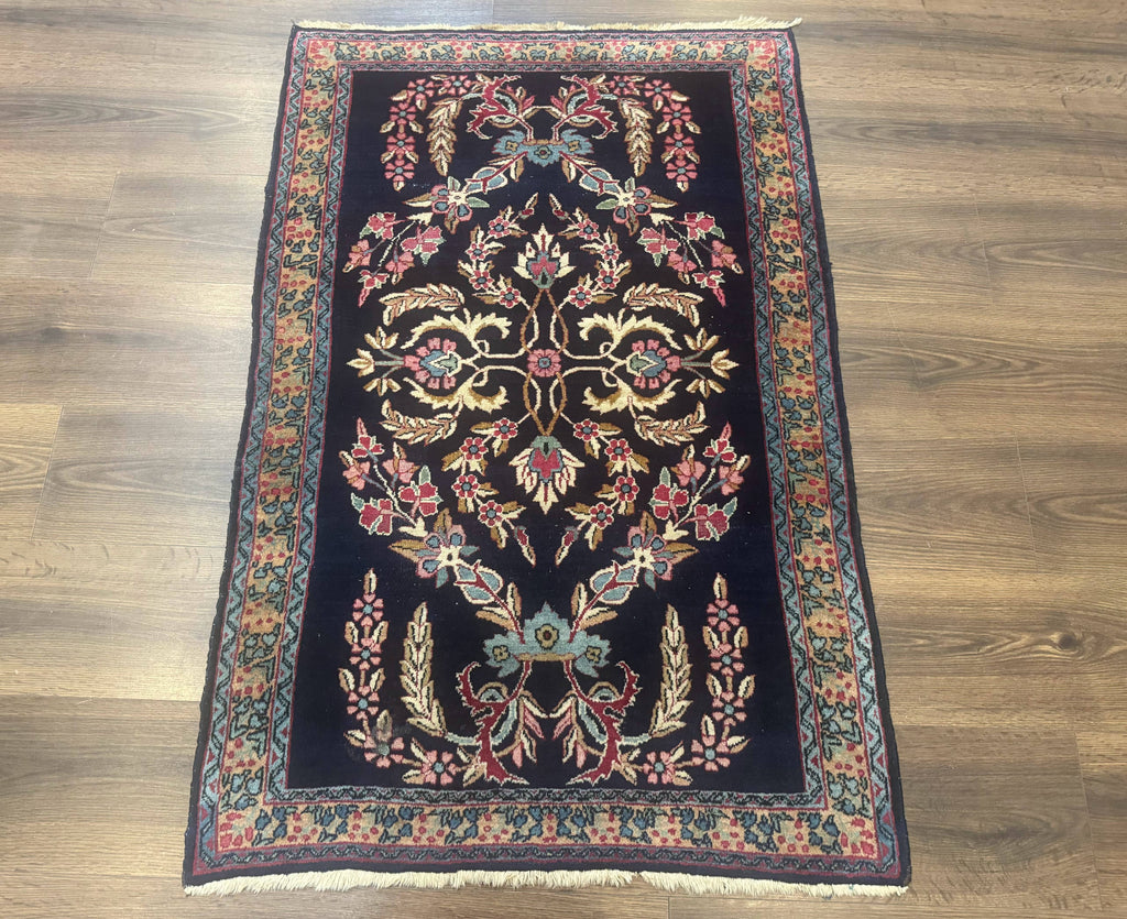 Antique Persian Kerman Rug 2.8 x 4, Navy Blue, Floral