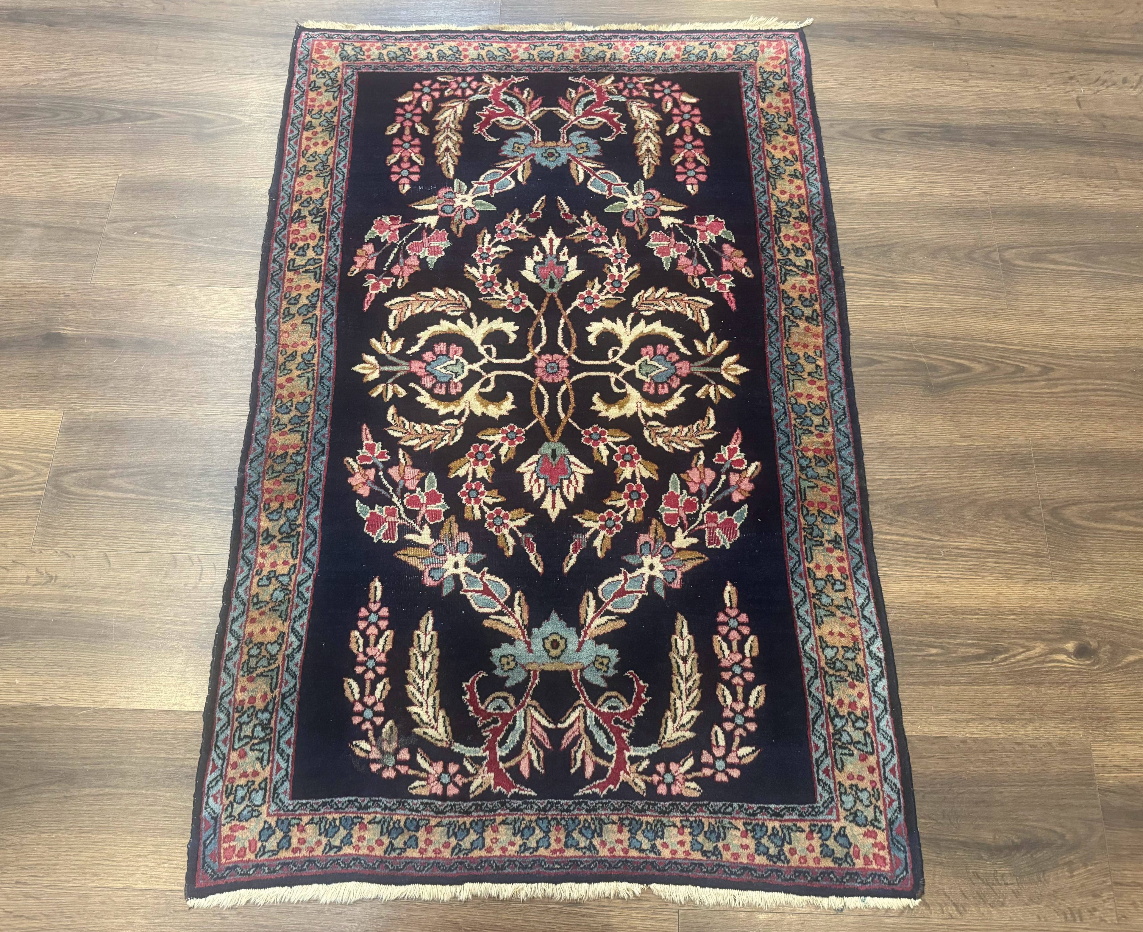 Antique Persian Kerman Rug 2.8 x 4, Navy Blue, Floral