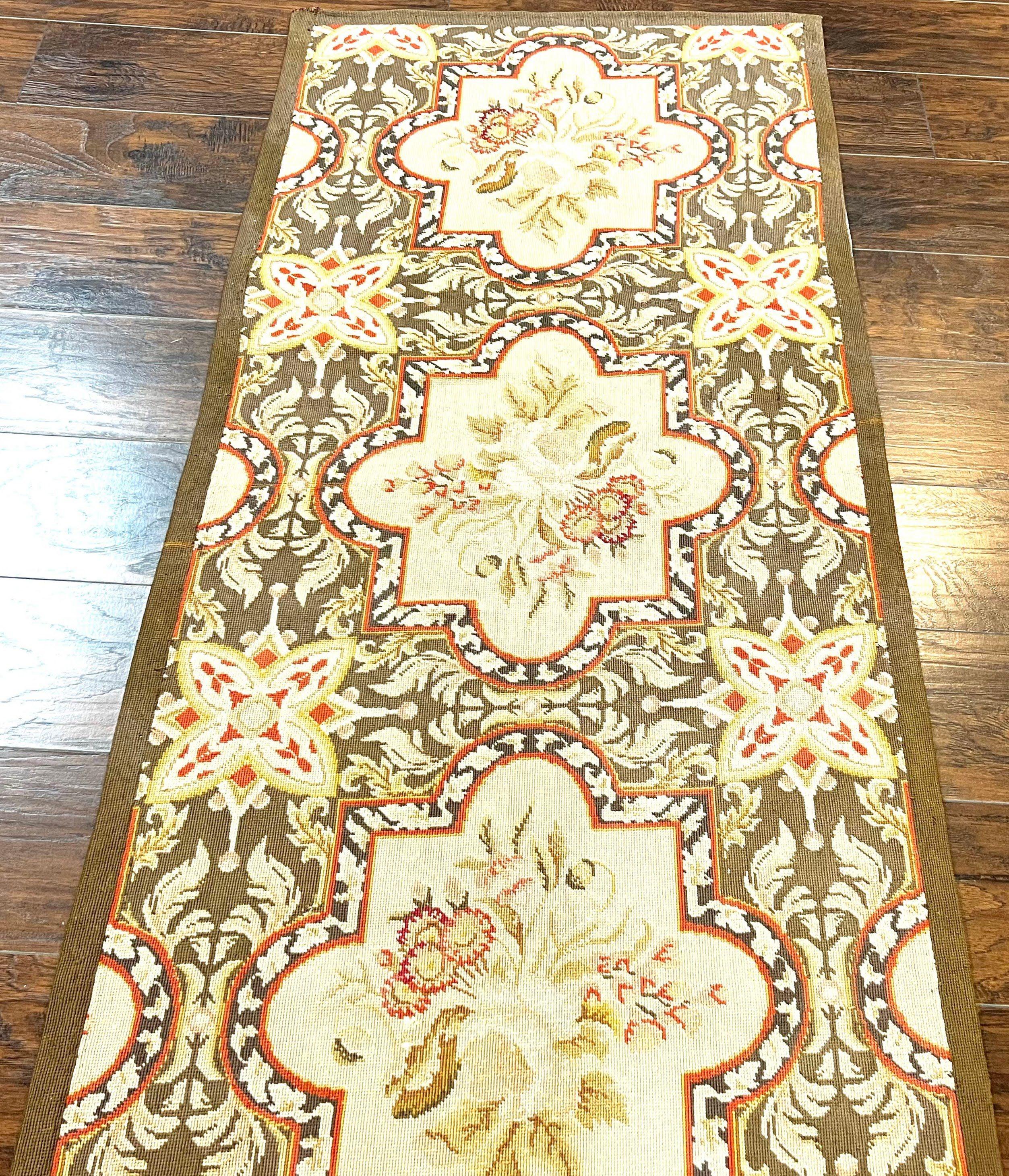 Needlepoint Runner Rug 2.8 x 9.8, Brown and Beige, Handwoven Handmade Floral French European Design, Vintage Flatweave 10ft Wool Runner Rug