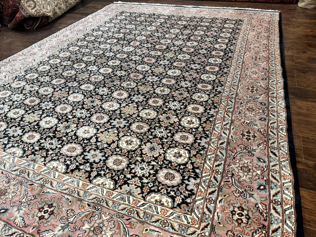 Indo Persian Rug 9x12, Vintage Handmade Wool Carpet, Repeated Allover Motif, Navy Blue and Pink