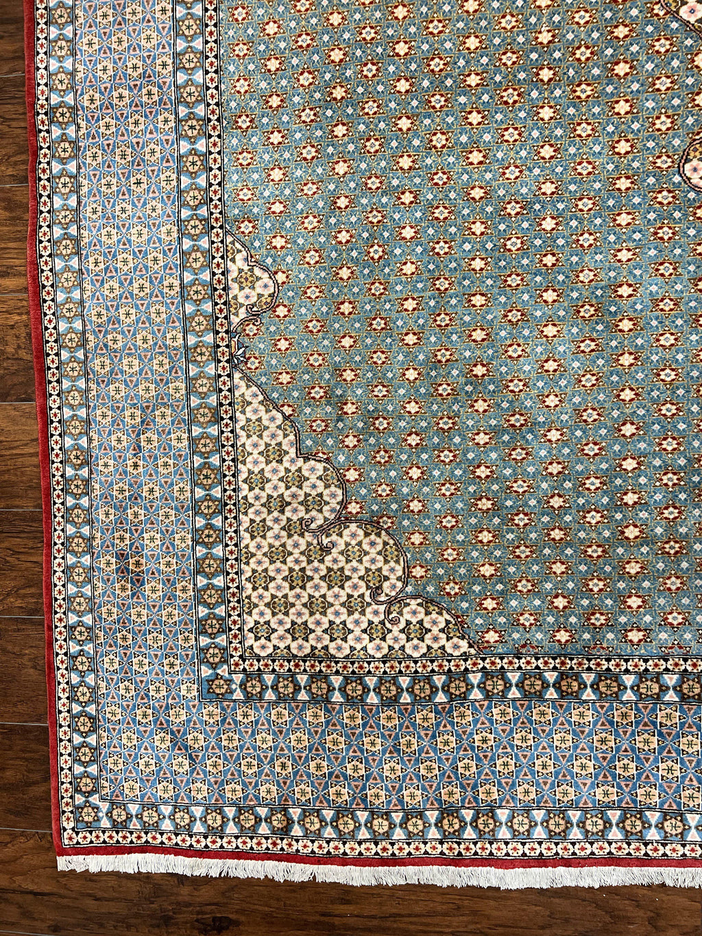 Rare Persian Rug 8x12, Qum Rug, Repeated Star Motifs, Blue and Ivory, Fine 300 KPSI, Hand Knotted Handmade Vintage Wool Rug