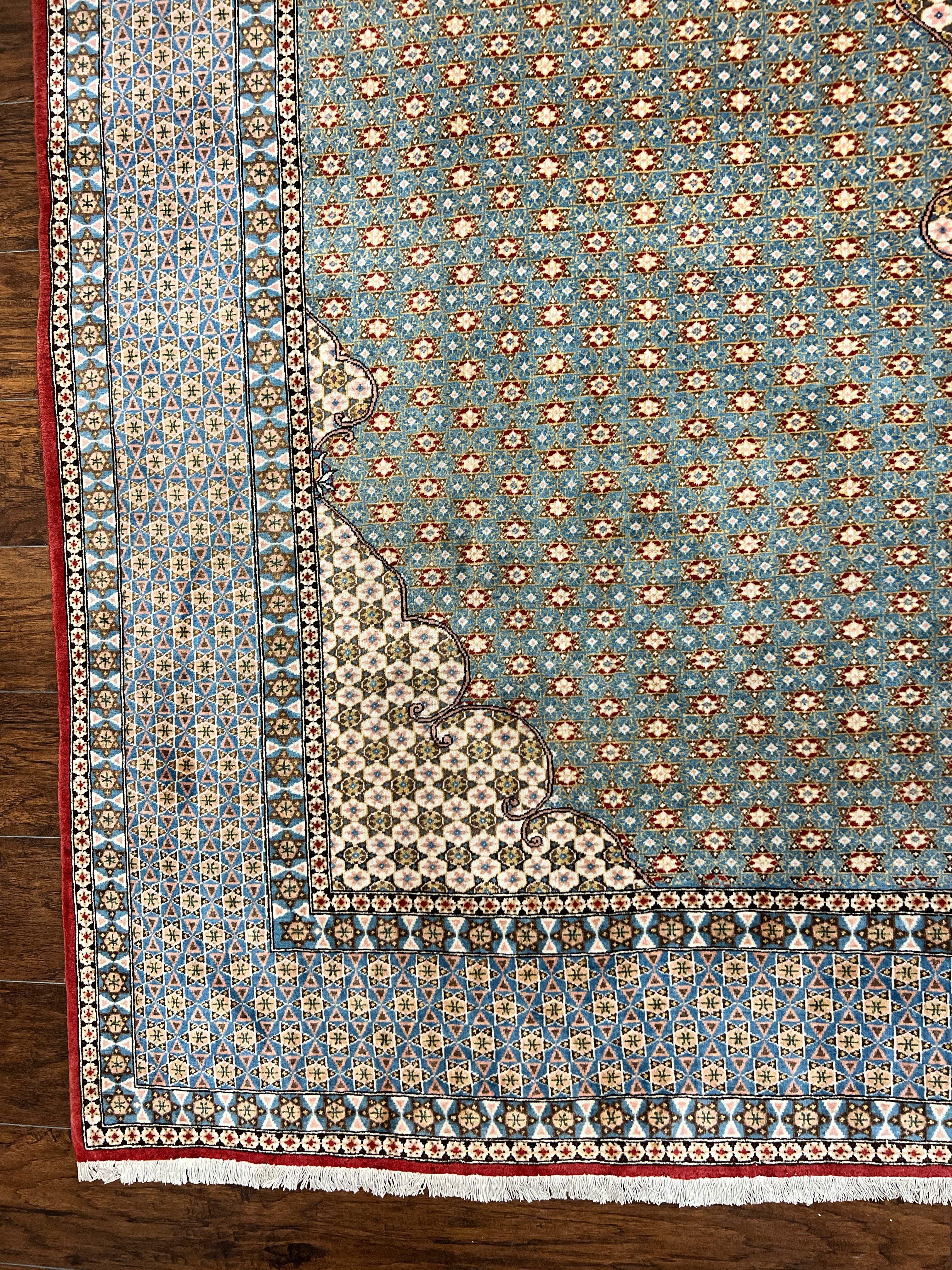 Rare Persian Rug 8x12, Qum Rug, Repeated Star Motifs, Blue and Ivory, Fine 300 KPSI, Hand Knotted Handmade Vintage Wool Rug