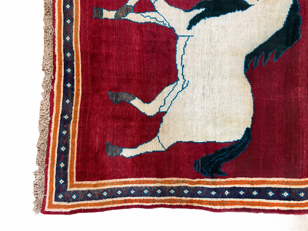 3.5 X 6 Handmade Hand-Knotted New Vintage Rug Quality Wool White Horses Red