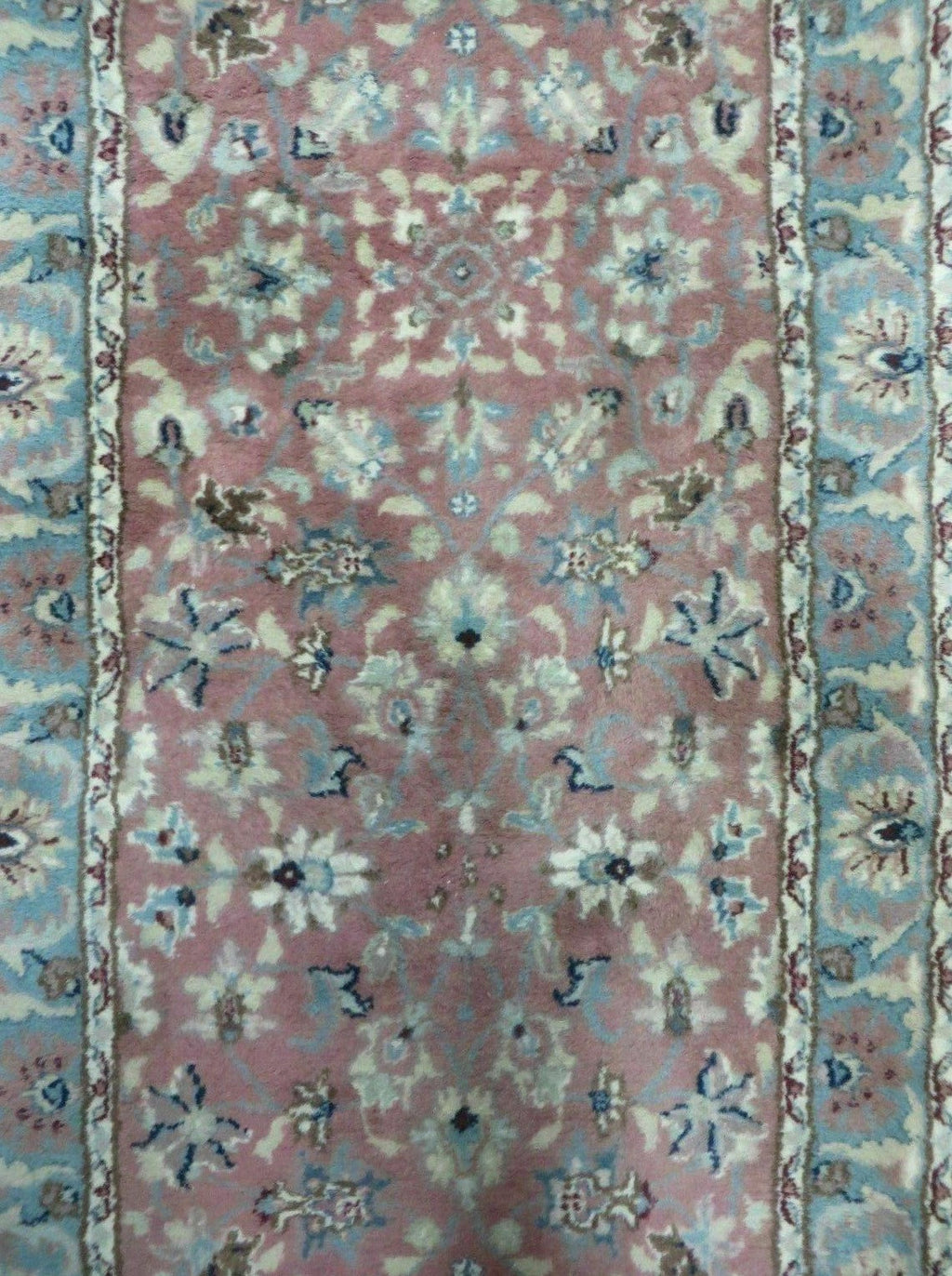Indo Persian Runner Rug 2.8 x 12, Wool Hand Knotted, Pink and Light Blue