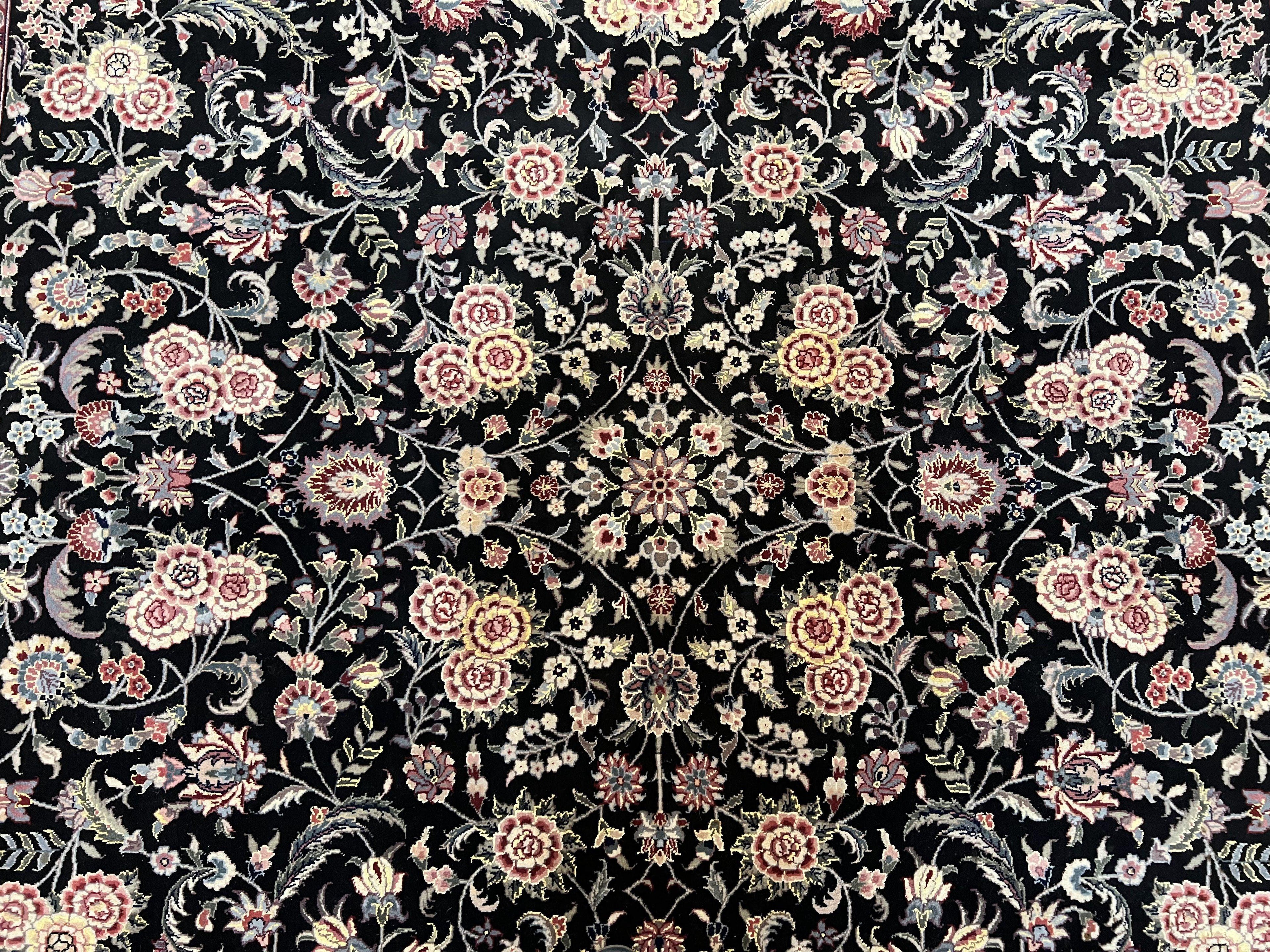 Pak Persian Rug 9x12, Floral Allover, Hand Knotted Oriental Carpet 9 x 12 ft, Black and Cream, Detailed, Wool with Silk Highlights, Vintage
