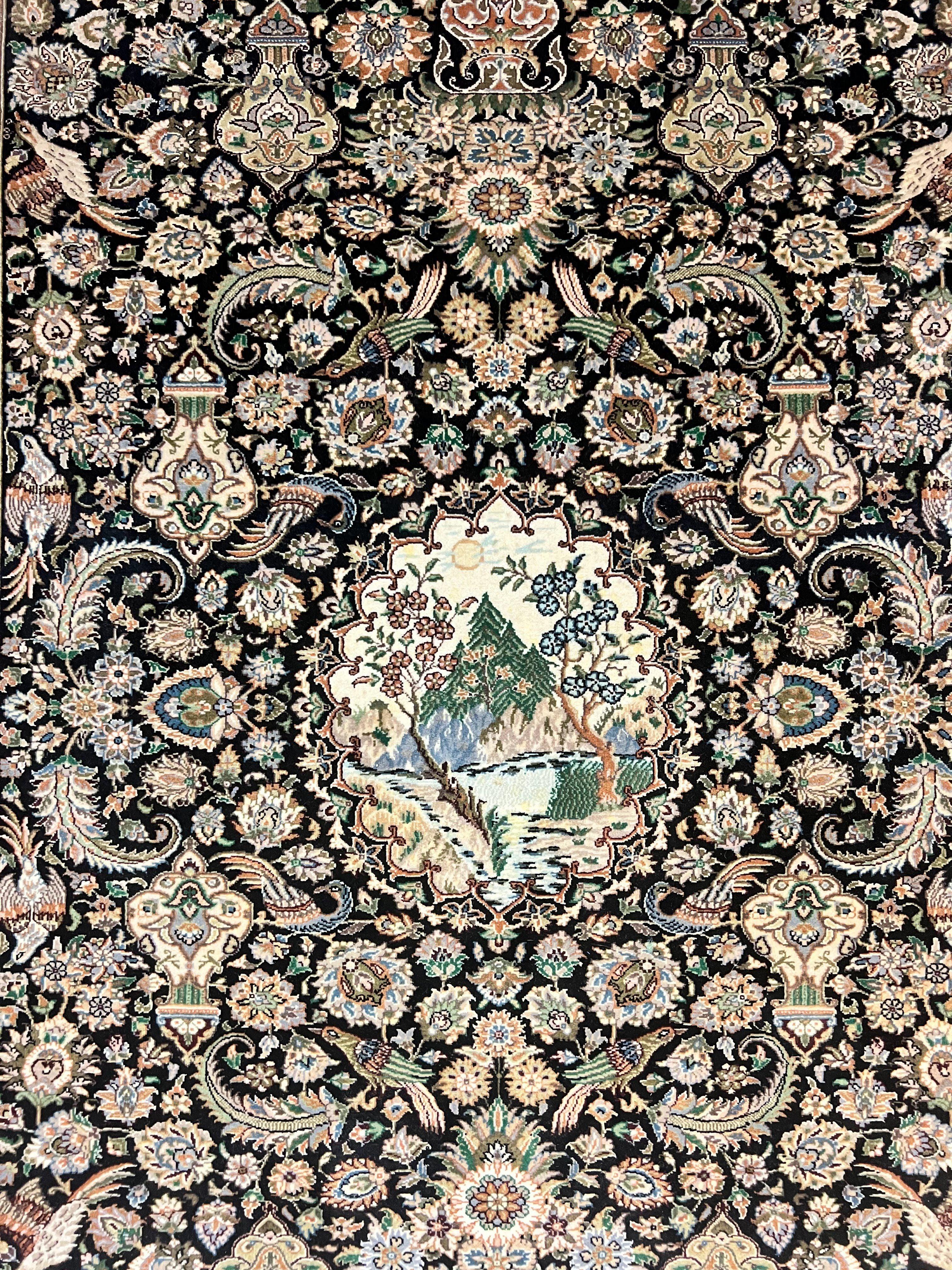 Pak Persian Rug 4x6, Wool Hand Knotted Vintage Carpet, Black & Olive Green, Bird Pictorials, Floral Fine Oriental Rug