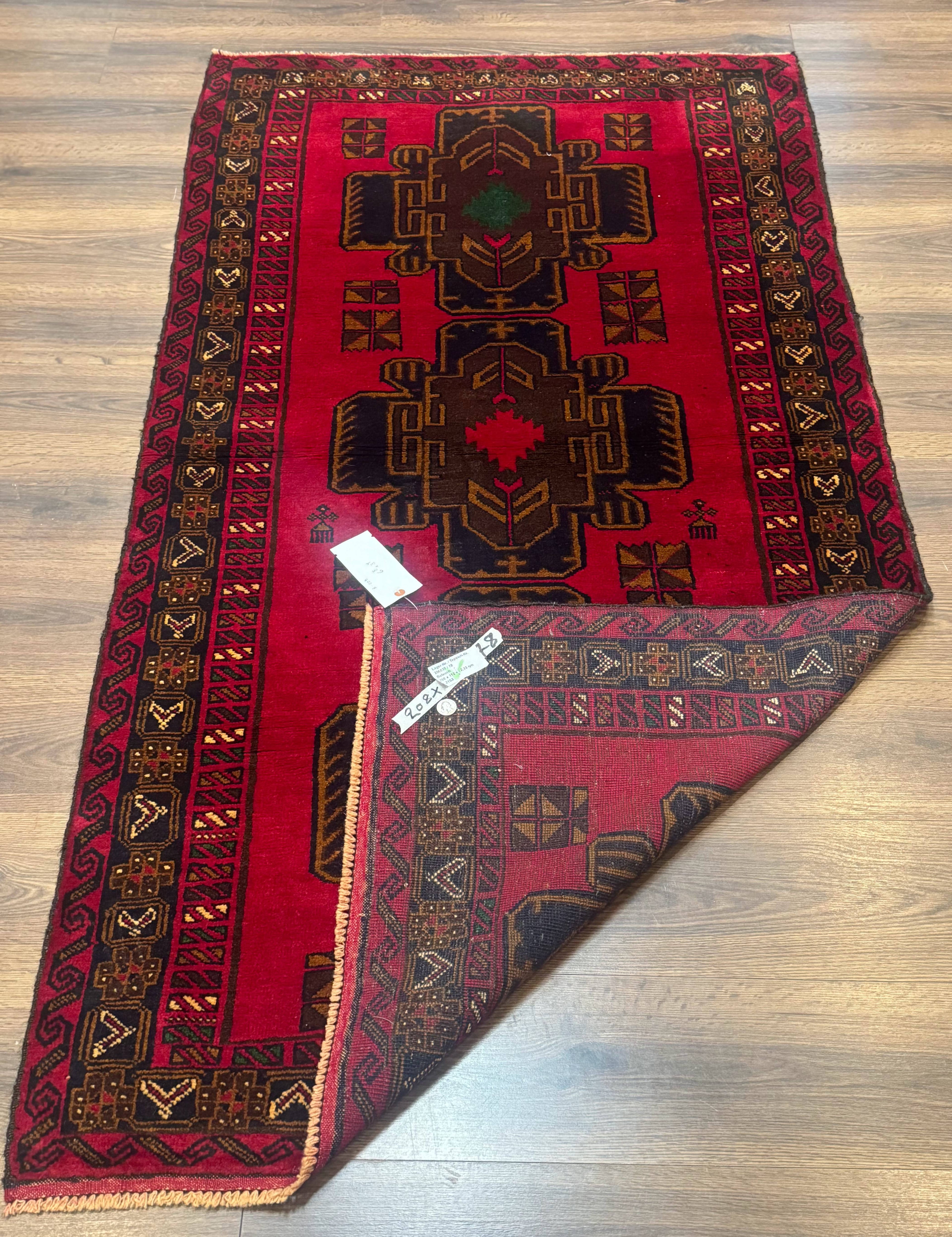 Red Afghan Balouch Rug 4x7, Triple Medallions, Handmade, New