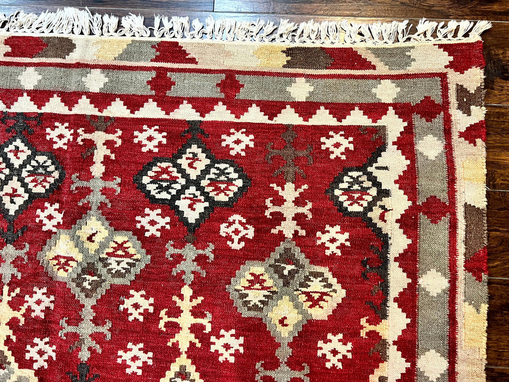 Indian Kilim Rug 6x6, Square Kilim Flatweave Carpet, Vintage Handmade Wool Rug, Red