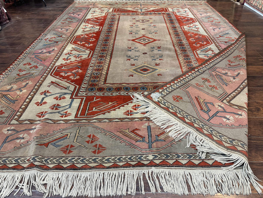 Large Turkish Milas Rug 10x13, Gray, Vintage, Wool on Wool