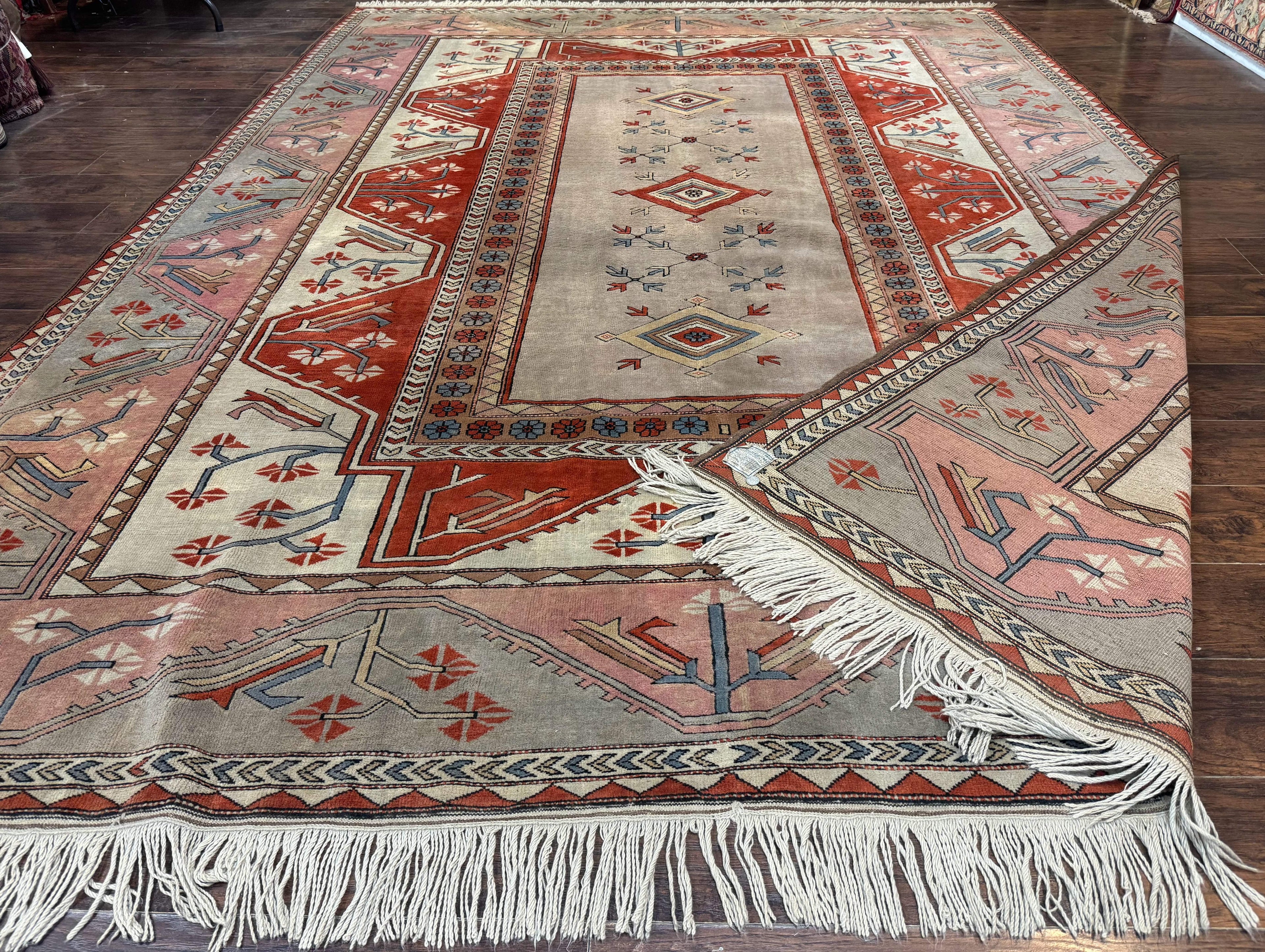 Large Turkish Milas Rug 10x13, Gray, Vintage, Wool on Wool
