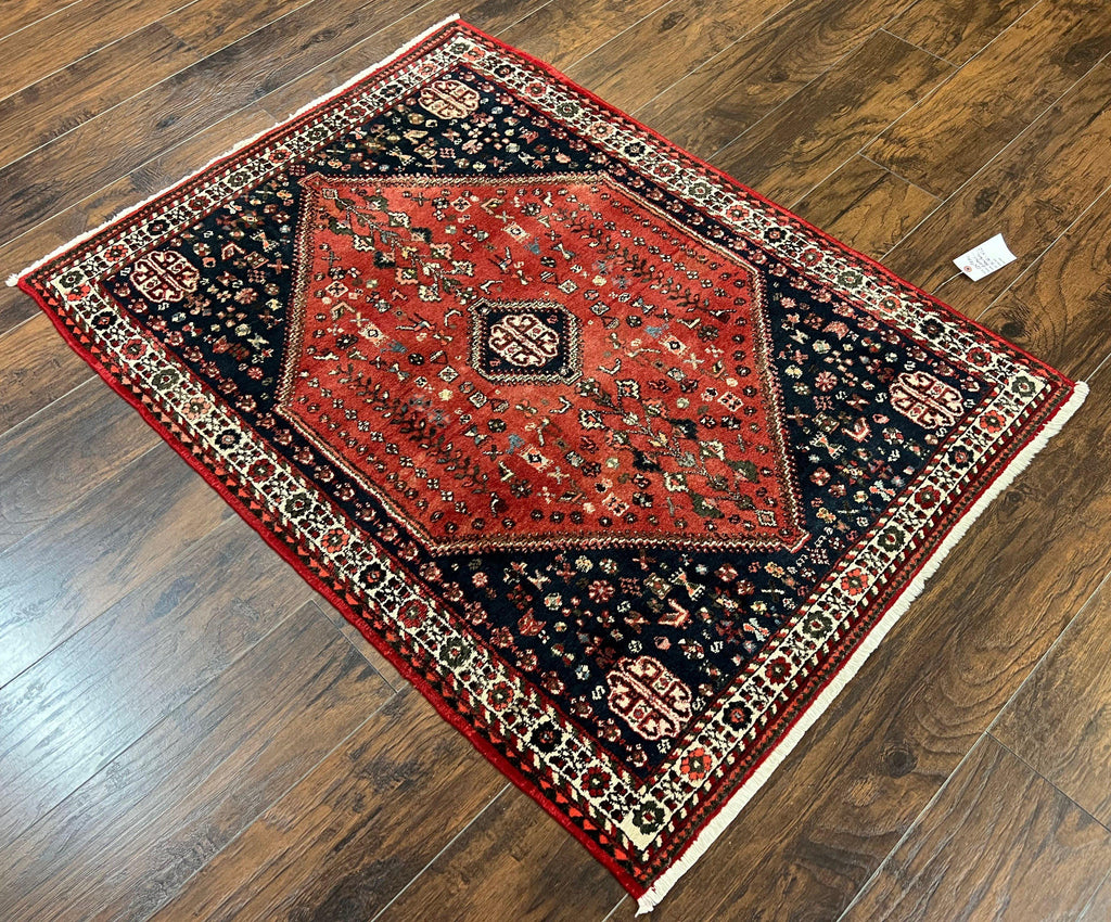 Persian Tribal Rug 3.6 x 5 ft, Persian Abadeh Rug, Geometric Medallion Bird Motifs, Red and Navy Blue Hand Knotted Handmade Wool Vintage Oriental Carpet