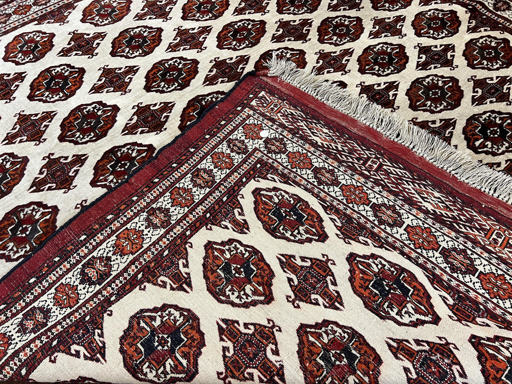Persian Turkoman Rug 7x8, Almost Square Rare, Hand Knotted, Yamud, Bohemian Rug, Handmade Tribal Rug, Cream Red, Handmade Oriental Carpet