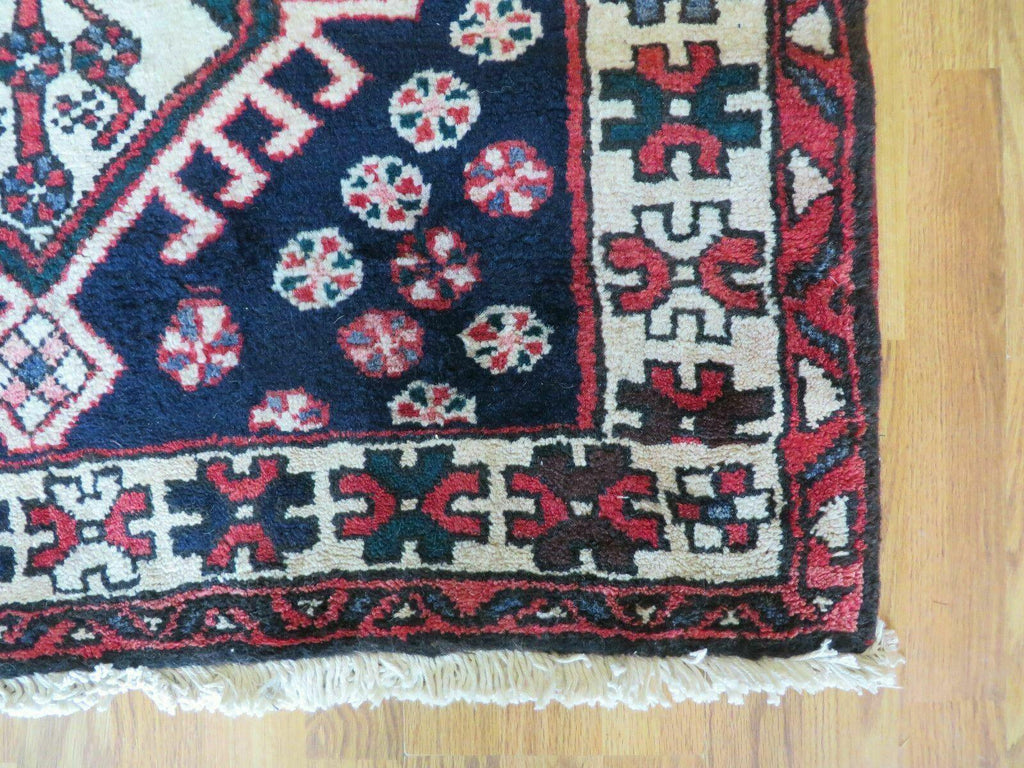 Persian Runner Rug 3.5 x 10.7, Karajeh Heriz Rug, Navy Blue, Geometric Medallions