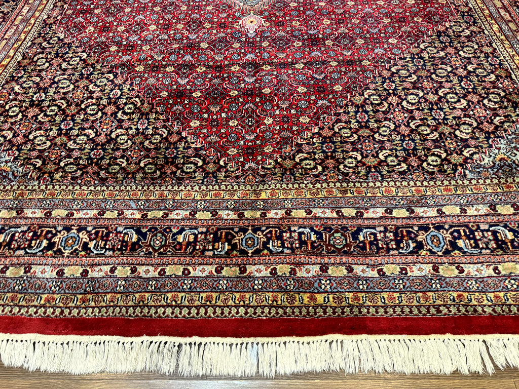 Indo Persian Bidjar Rug 10x14, Red and Dark Blue, Herati Mahi Pattern, Vintage