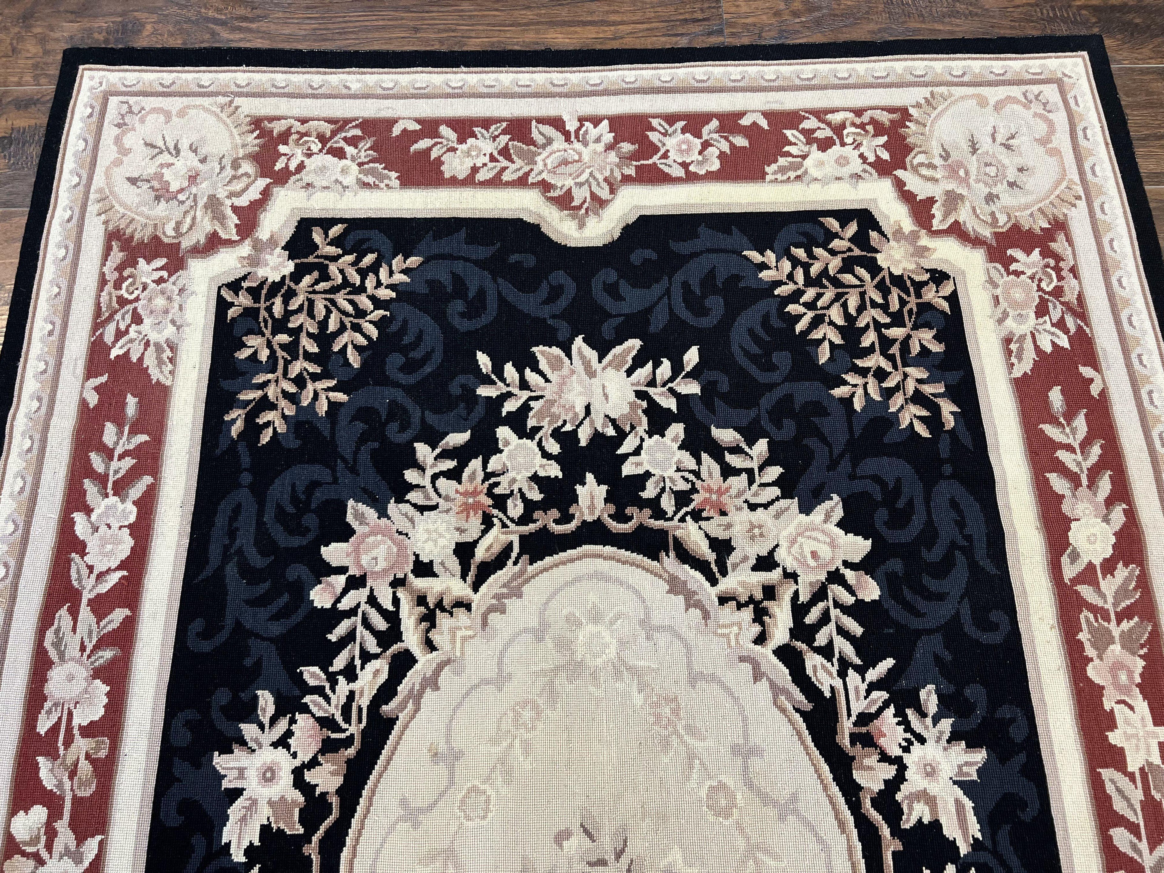 Needlepoint Rug 5x8, Wool Handmade Vintage European Design Carpet, Black & Maroon, French Aubusson Pattern Flatweave Rug