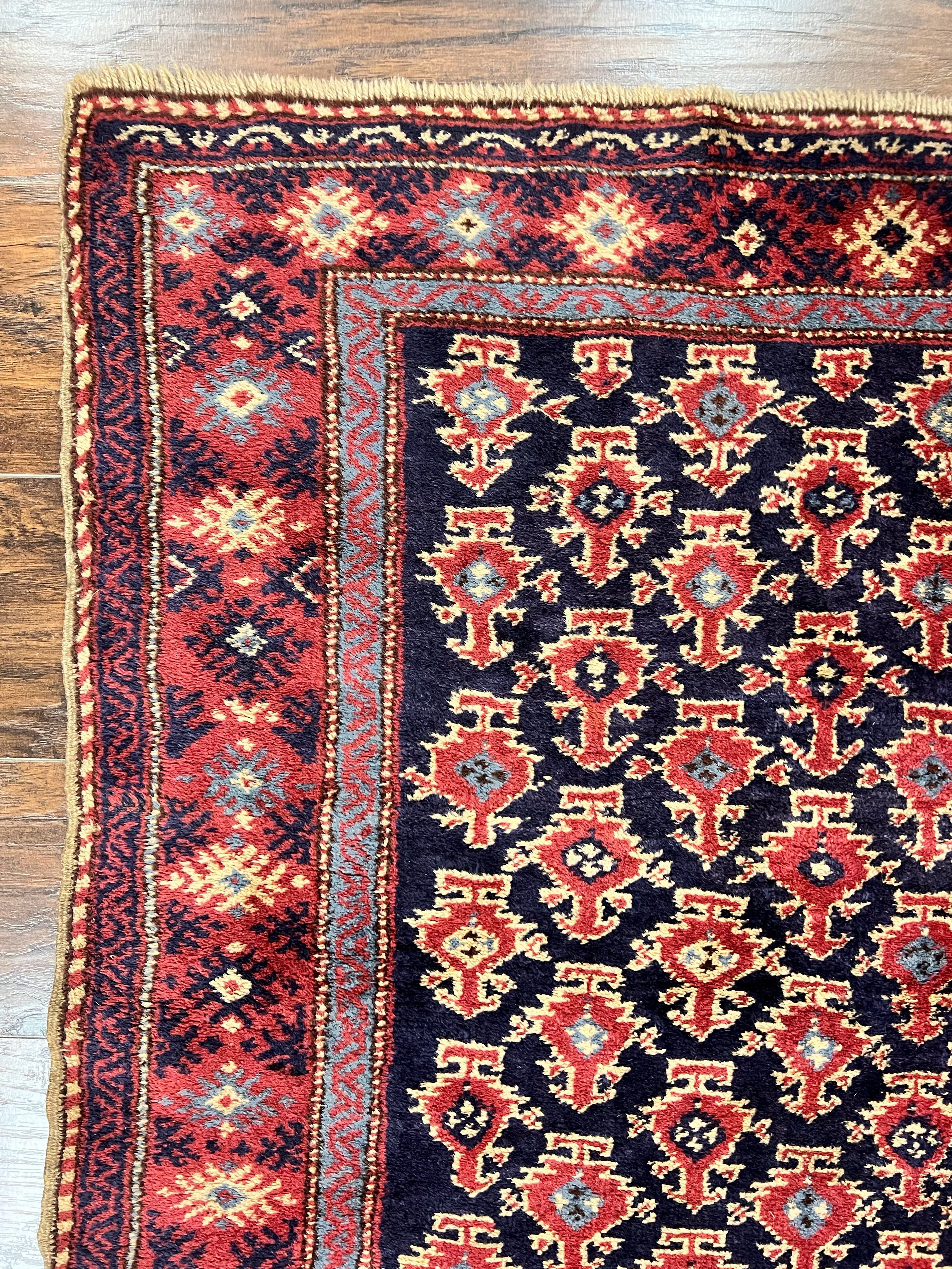 Turkish Sparta Rug 3x4, Allover Pattern, Navy Blue and Red, Antique Ispara Oriental Carpet 3 x 4, Small Turkish Handmade Vintage Wool Rug