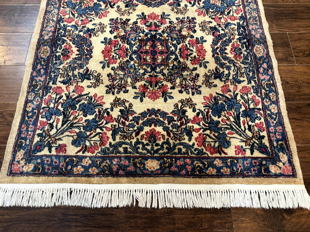 Square Persian Kerman Rug 4x4, Ivory Blue Pink, Handmade, Fine 225 KPSI