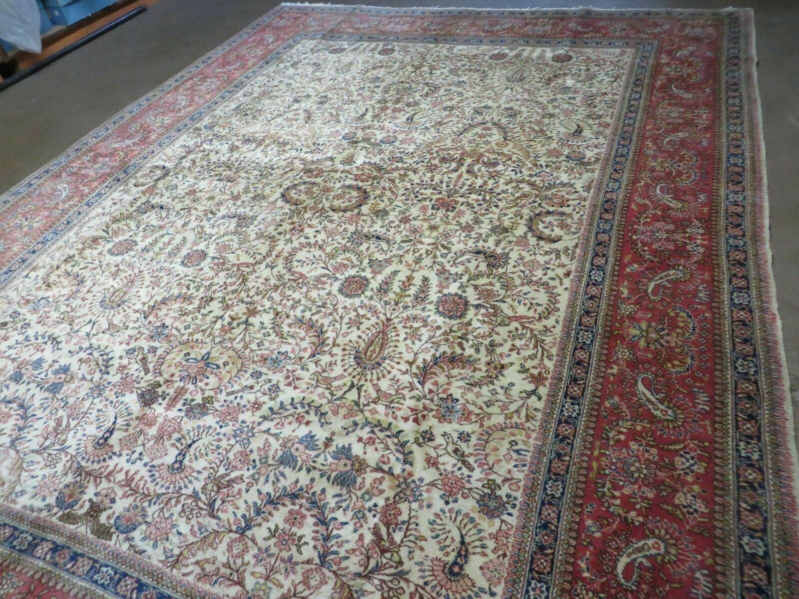 Persian Tabriz Rug 8x10, Bird Motifs Floral, Boteh Paisleys, Cream and Red, Handmade Wool Carpet