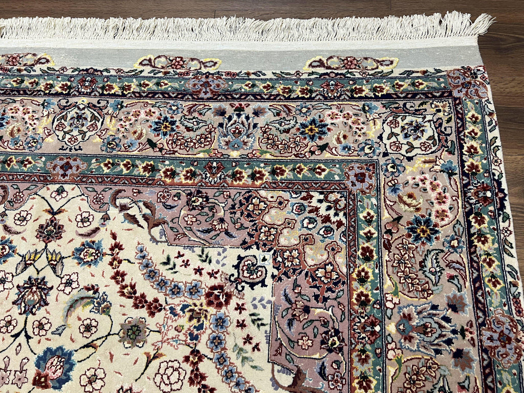 Beautiful Pak Persian Rug 6x9, Floral Medallion, Wool and Silk, Highly Detailed Elegant Carpet, Vintage Oriental Rug 6 x 9, Cream and Gray
