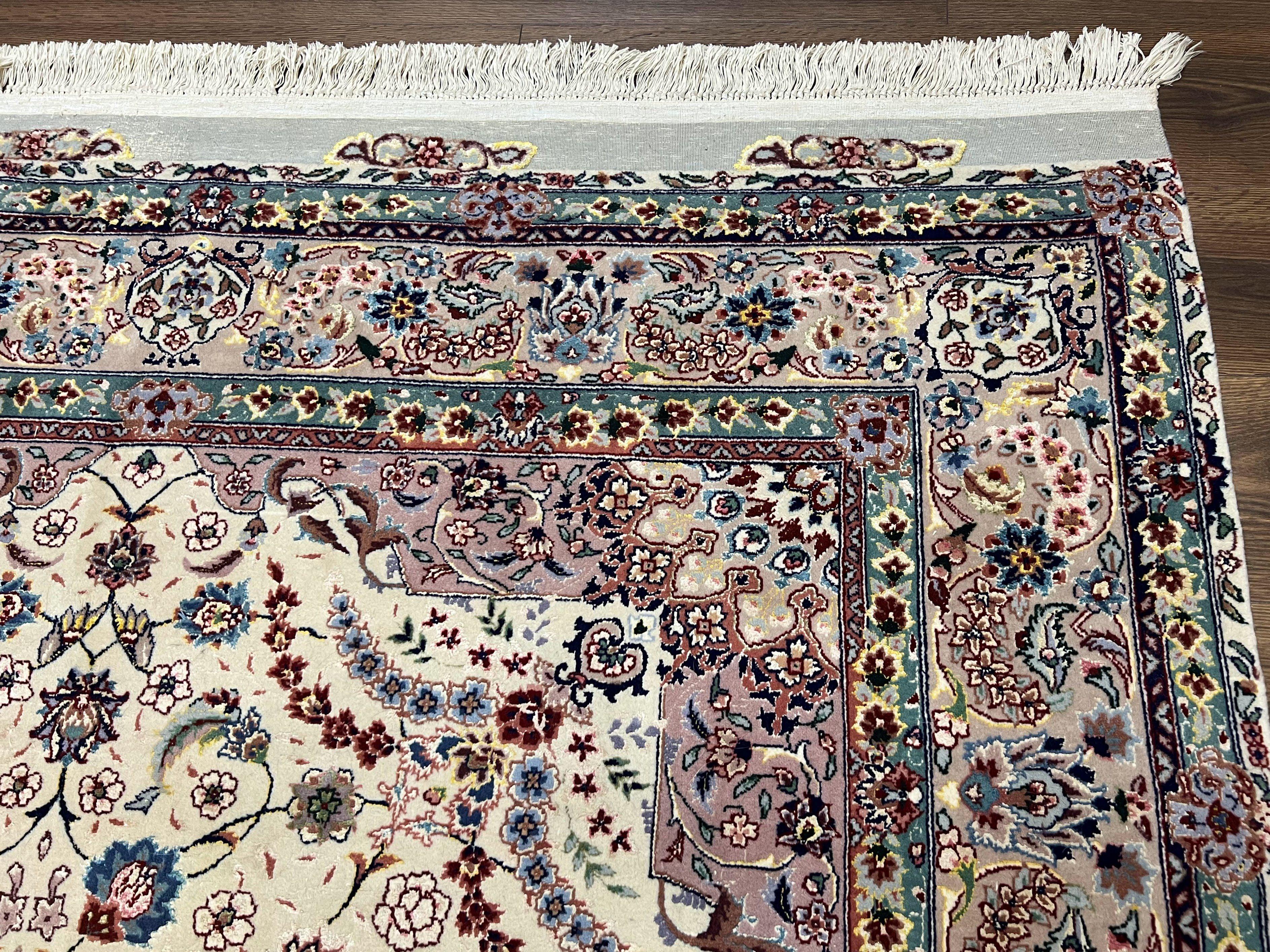 Beautiful Pak Persian Rug 6x9, Floral Medallion, Wool and Silk, Highly Detailed Elegant Carpet, Vintage Oriental Rug 6 x 9, Cream and Gray