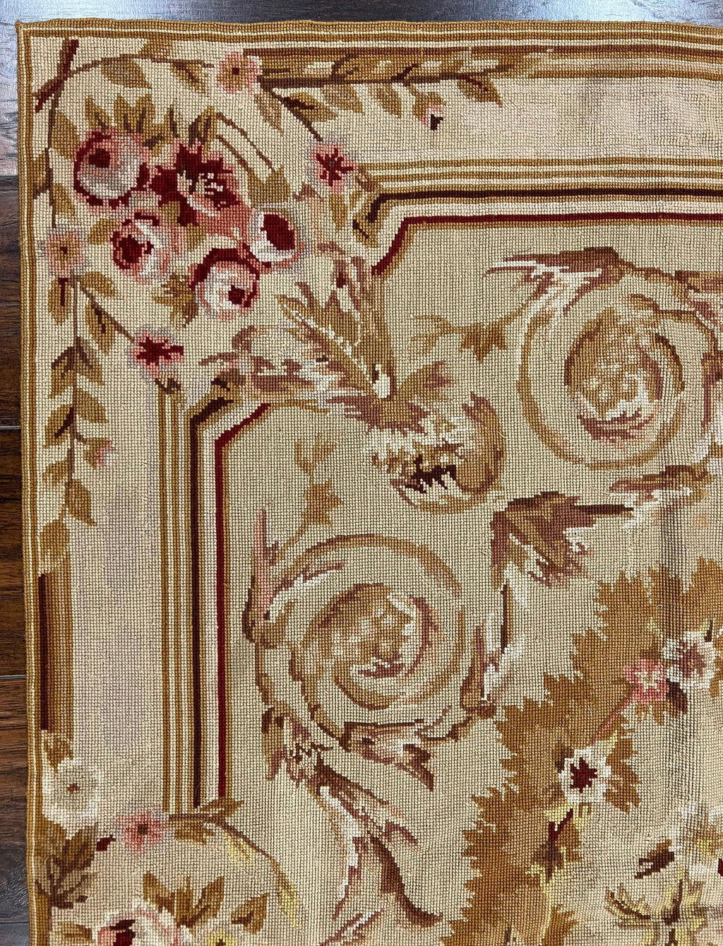 Aubusson Needlepoint Rug 4x5 ft, Beige and Tan, Aubusson Savonnerie Vintage Carpet, Handwoven Handmade Wool Rug, European Design Floral Rose