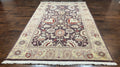 Vintage Indo Mahal Area Rug 6x9, Indian Persian Oriental Carpet 6 x 9, Puce Eggplant Tan Beige Rug, Hand-Knotted, Large Floral Design Wool