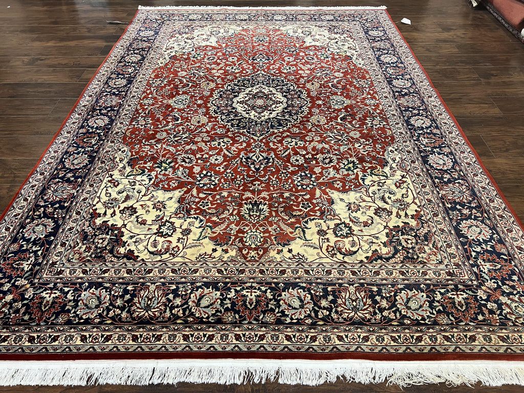 Fine Sino Persian Rug 7x10 ft, Floral Central Medallion Oriental Carpet, Red Navy Blue Cream, Hand Knotted Wool Traditional Vintage Rug
