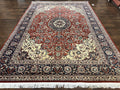 Fine Sino Persian Rug 7x10 ft, Floral Central Medallion Oriental Carpet, Red Navy Blue Cream, Hand Knotted Wool Traditional Vintage Rug