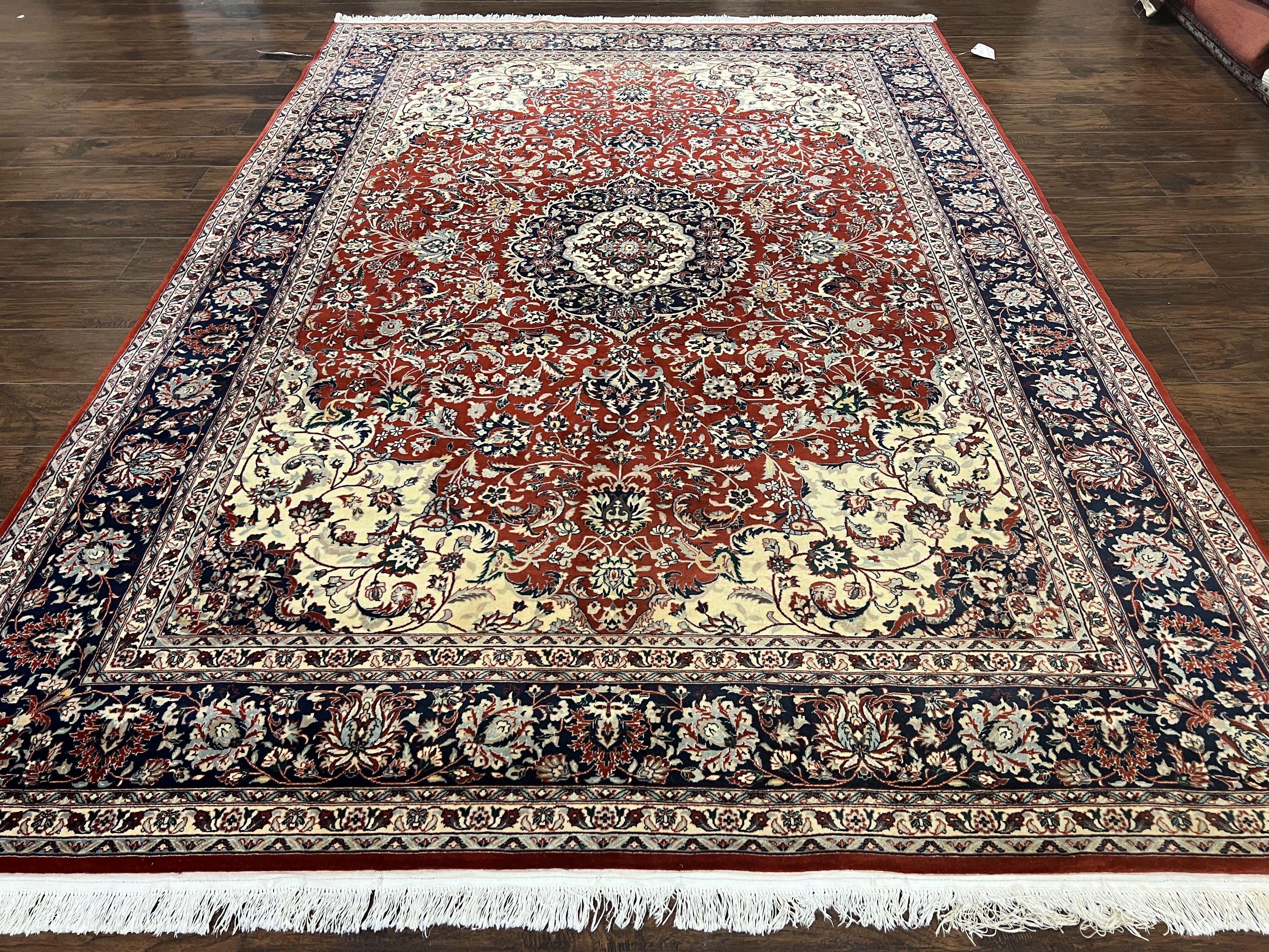 Fine Sino Persian Rug 7x10 ft, Floral Central Medallion Oriental Carpet, Red Navy Blue Cream, Hand Knotted Wool Traditional Vintage Rug