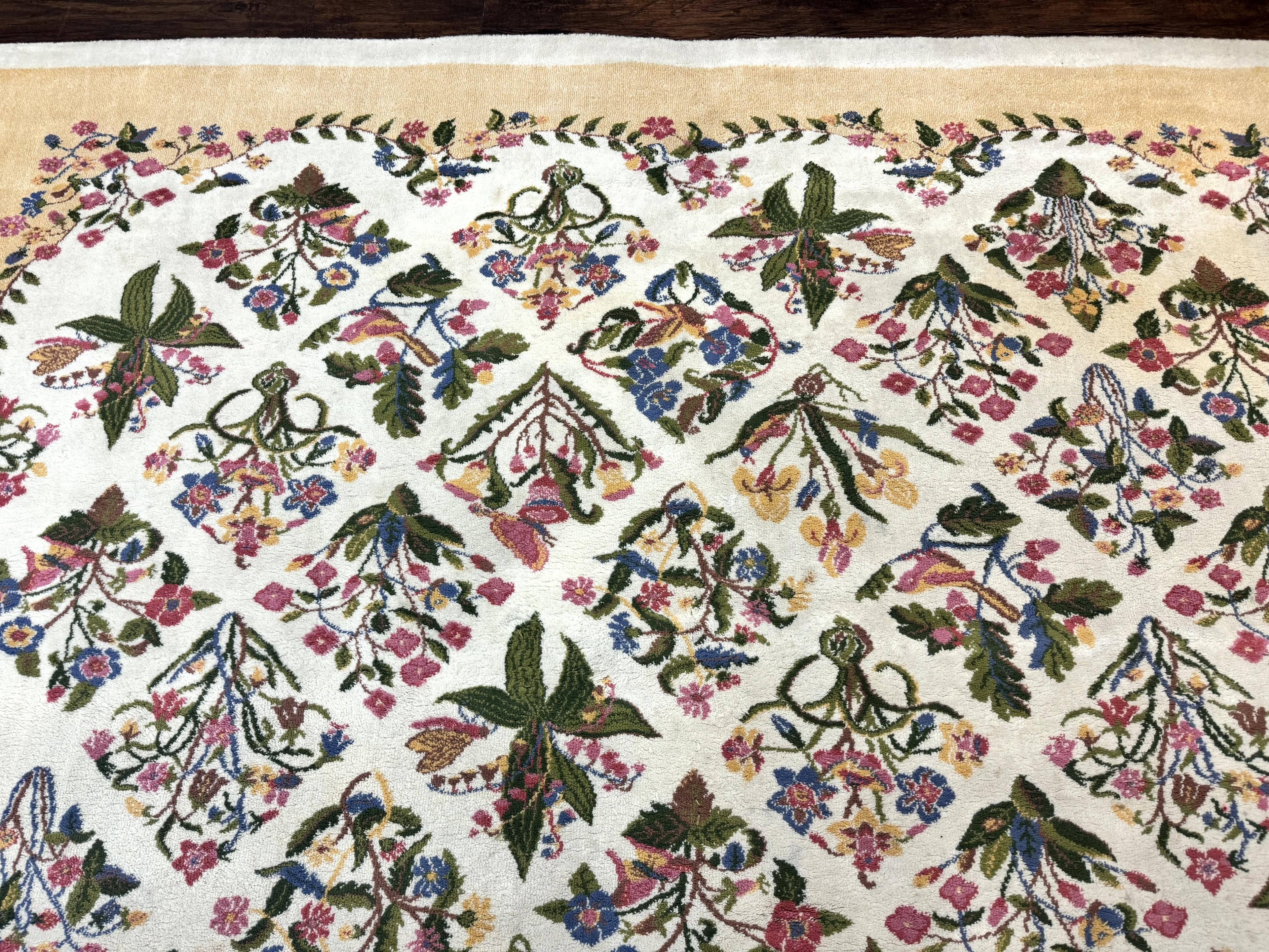 Power Loomed Rug 8x11, Ivory and Multicolor Floral Panel Pattern, Flowers, Butterflies, Vintage