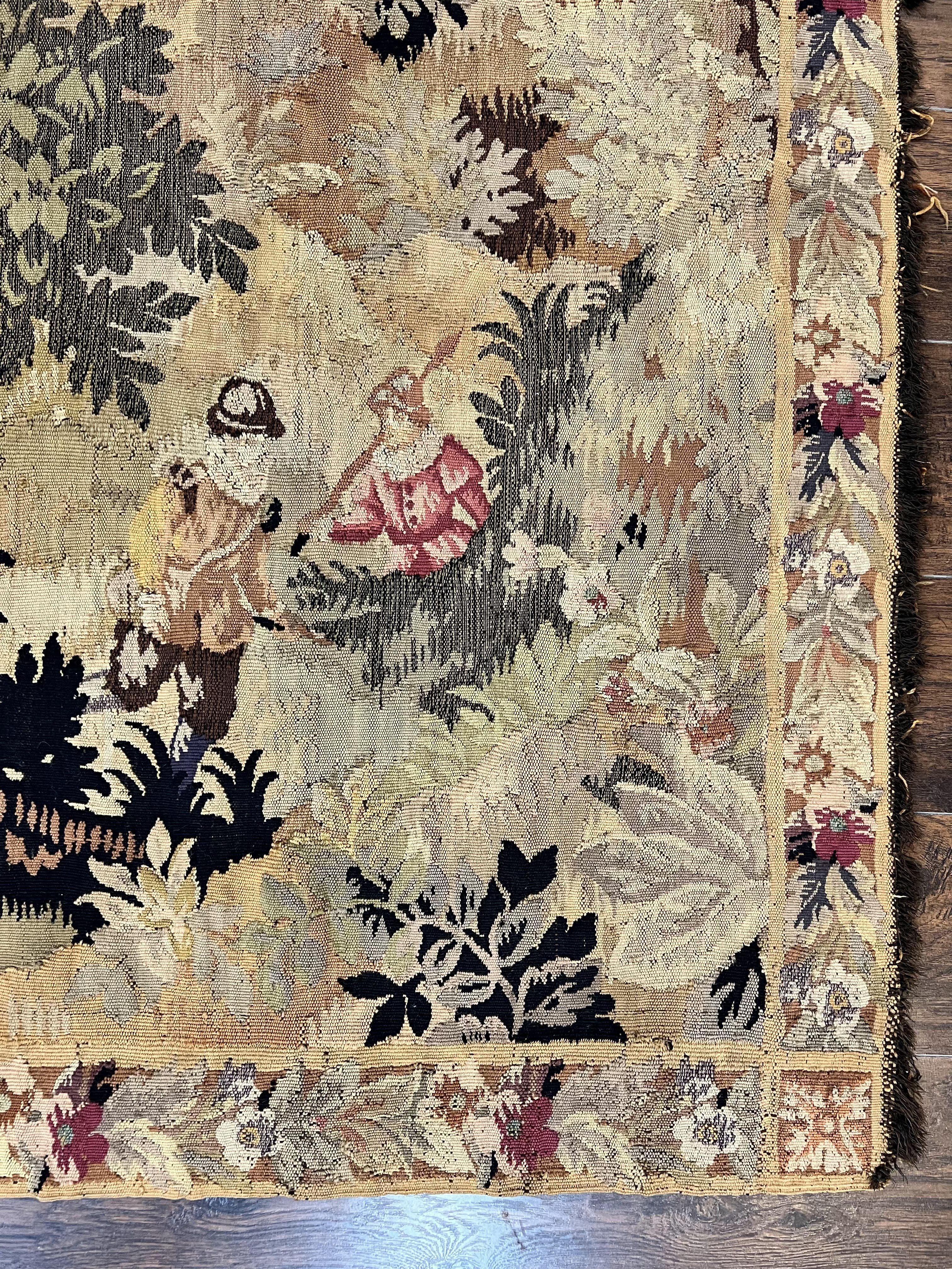 Antique French Tapestry 6x5 ft, European Handmade Wool Aubusson Weave Vintage Tapestry