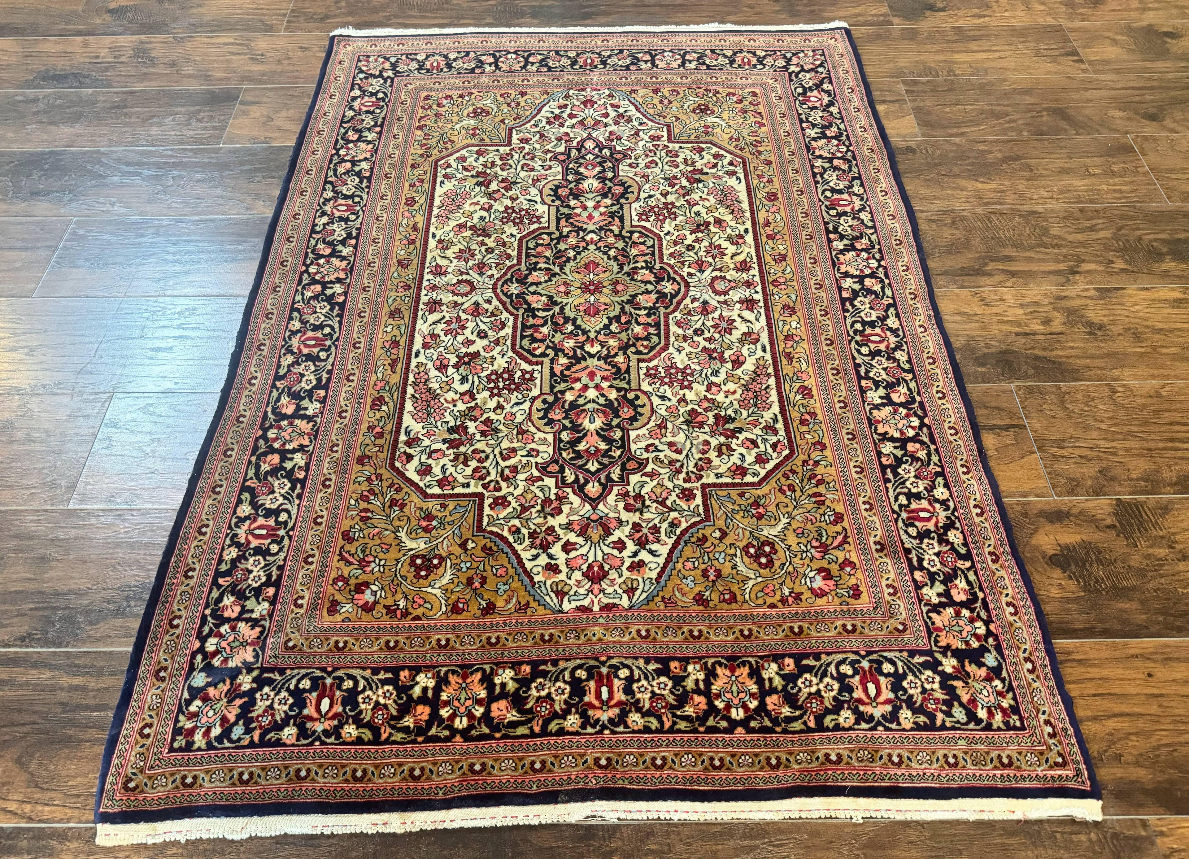 Persian Qum Rug 3.6 x 5, Kork Wool, Very Finely Hand Knotted 325 KPSI, Rare, Semi Antique