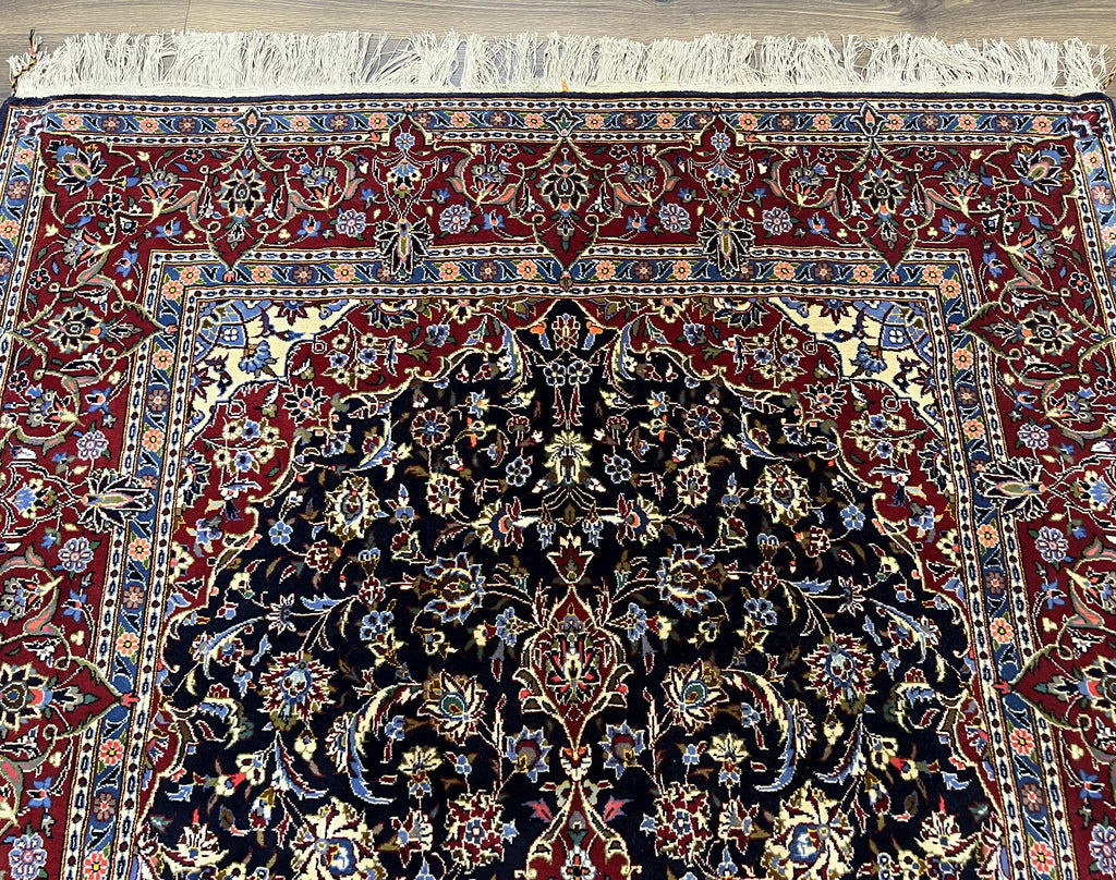 Dark Blue Persian Rug 5x8, Kork Wool Semi Antique Kashan Carpet, Very Fine Lachak Toranj Rug, Hand Knotted Floral Medallion Rug, 5 x 8 Oriental Rug
