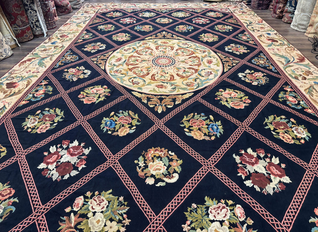 Palace Size Needlepoint Rug 12x20, European French English Aubusson Floral Design, Black and Beige