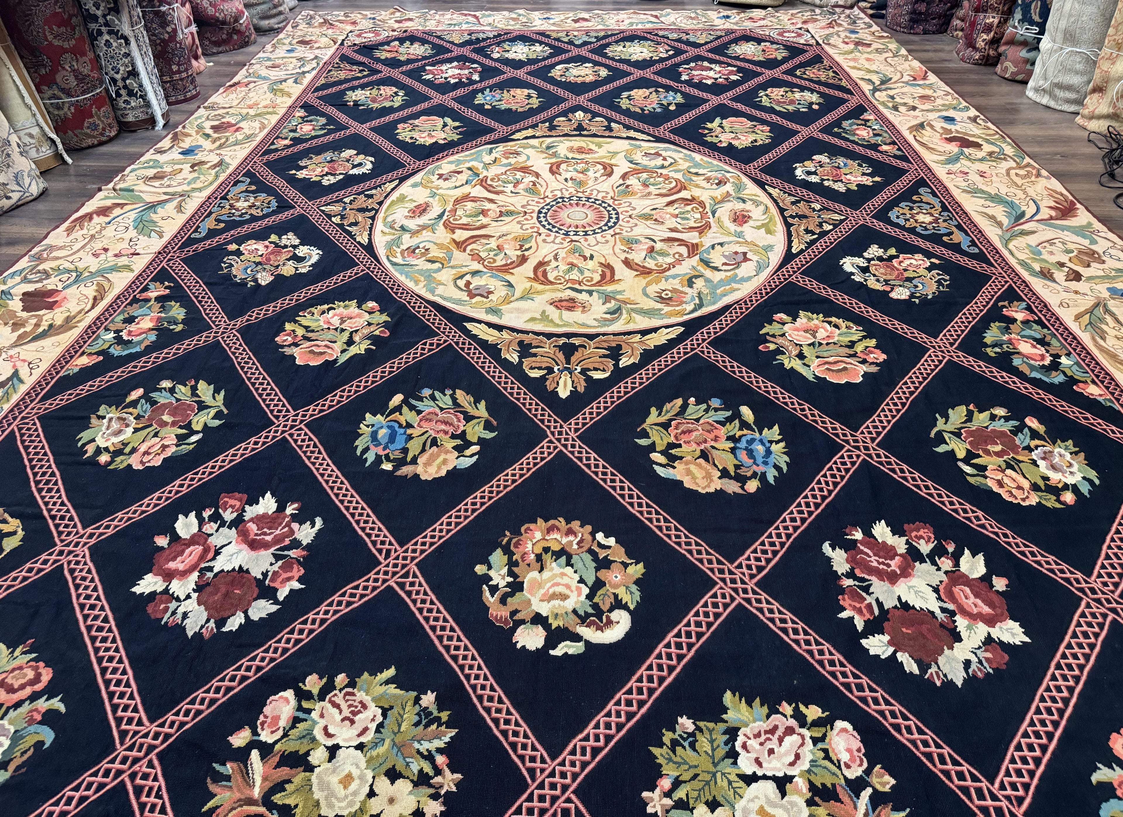 Palace Size Needlepoint Rug 12x20, European French English Aubusson Floral Design, Black and Beige