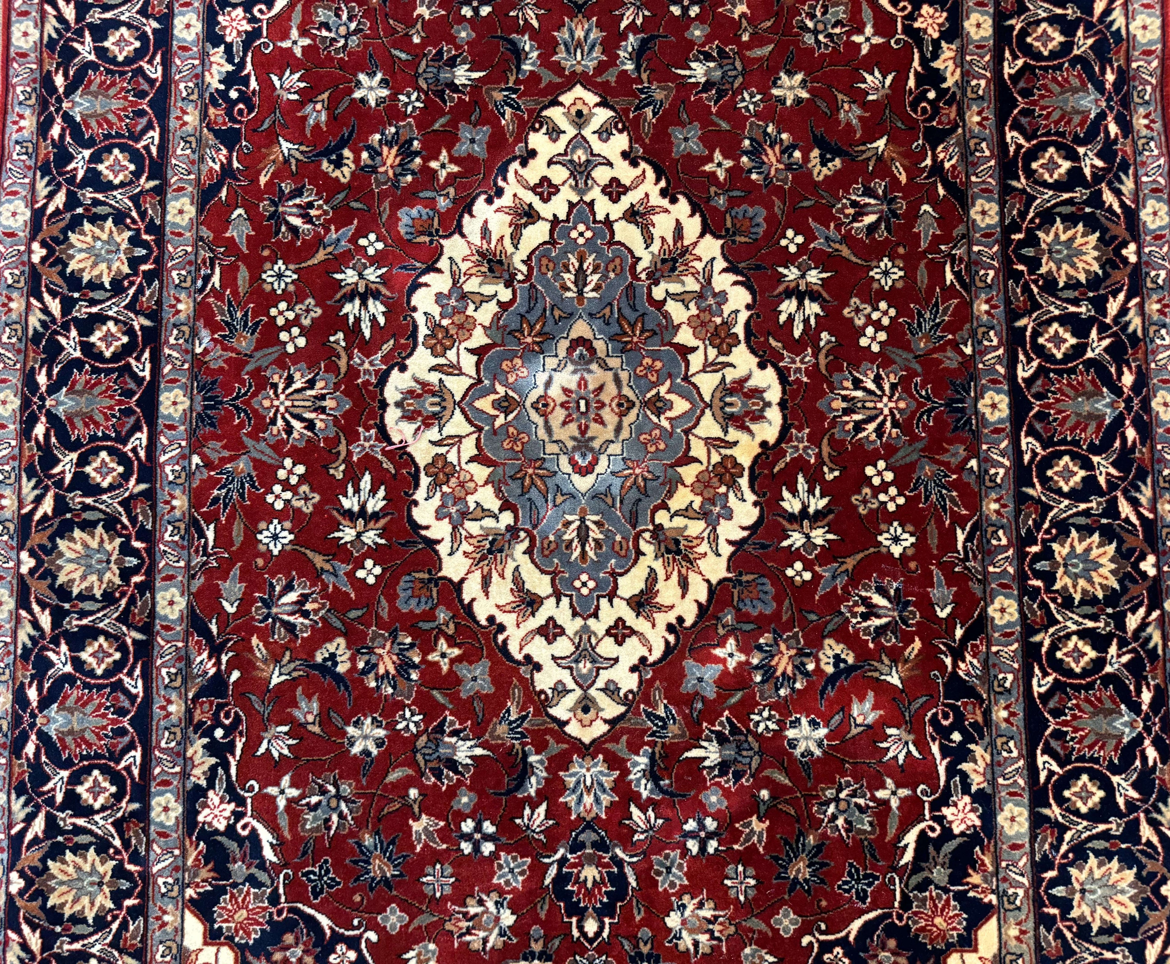 Sino Persian Rug 4x6, Traditional Wool Hand Knotted Carpet, Red Navy Blue, 225 KPSI