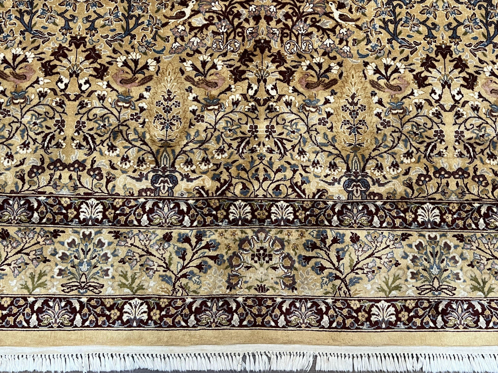 Pretty Indo Persian Rug 6x9, Allover Floral Motif with Birds, Tan/Cream, Very Fine Oriental Carpet, Hand Knotted Vintage Indian Wool Rug