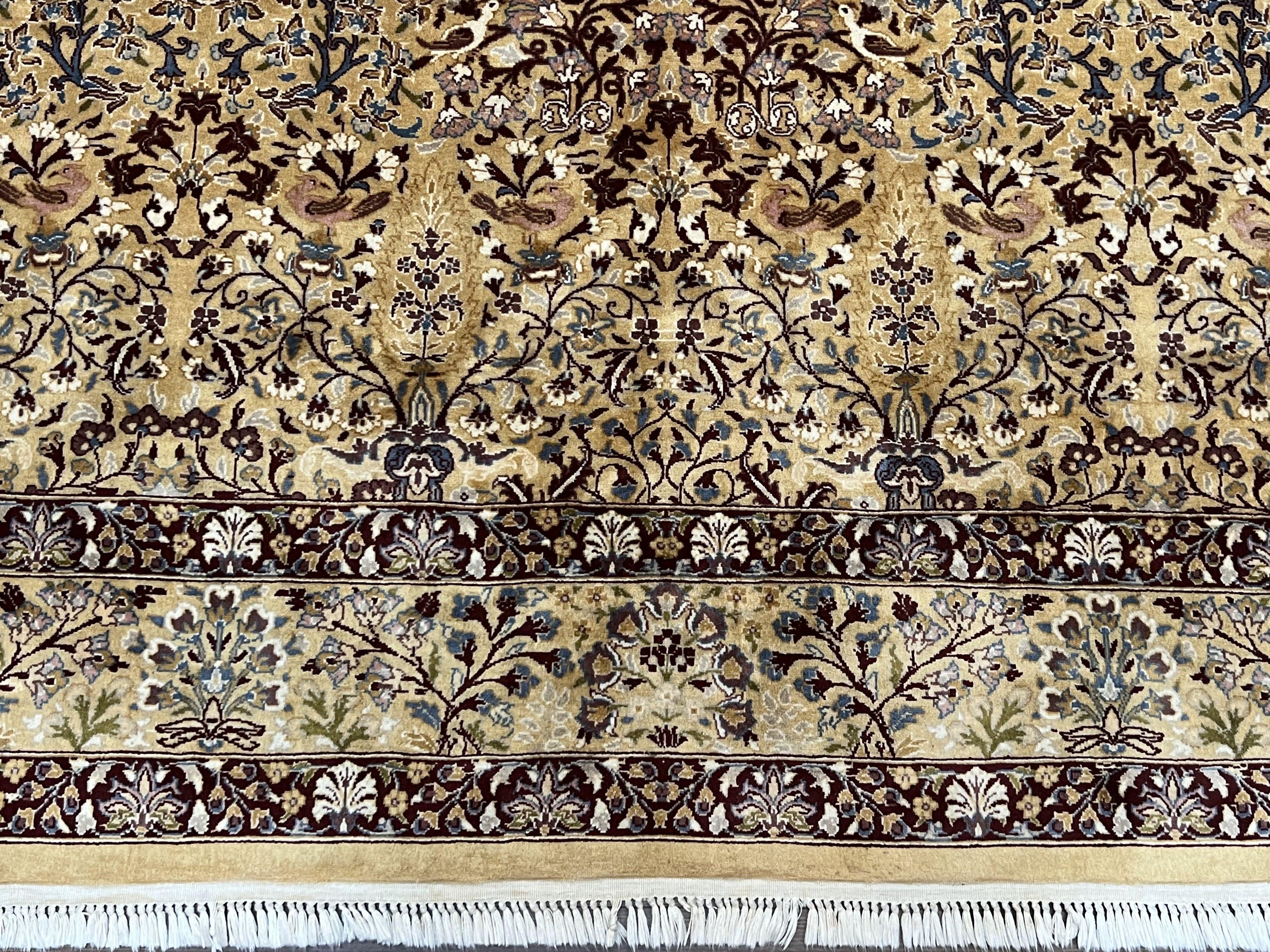 Pretty Indo Persian Rug 6x9, Allover Floral Motif with Birds, Tan/Cream, Very Fine Oriental Carpet, Hand Knotted Vintage Indian Wool Rug