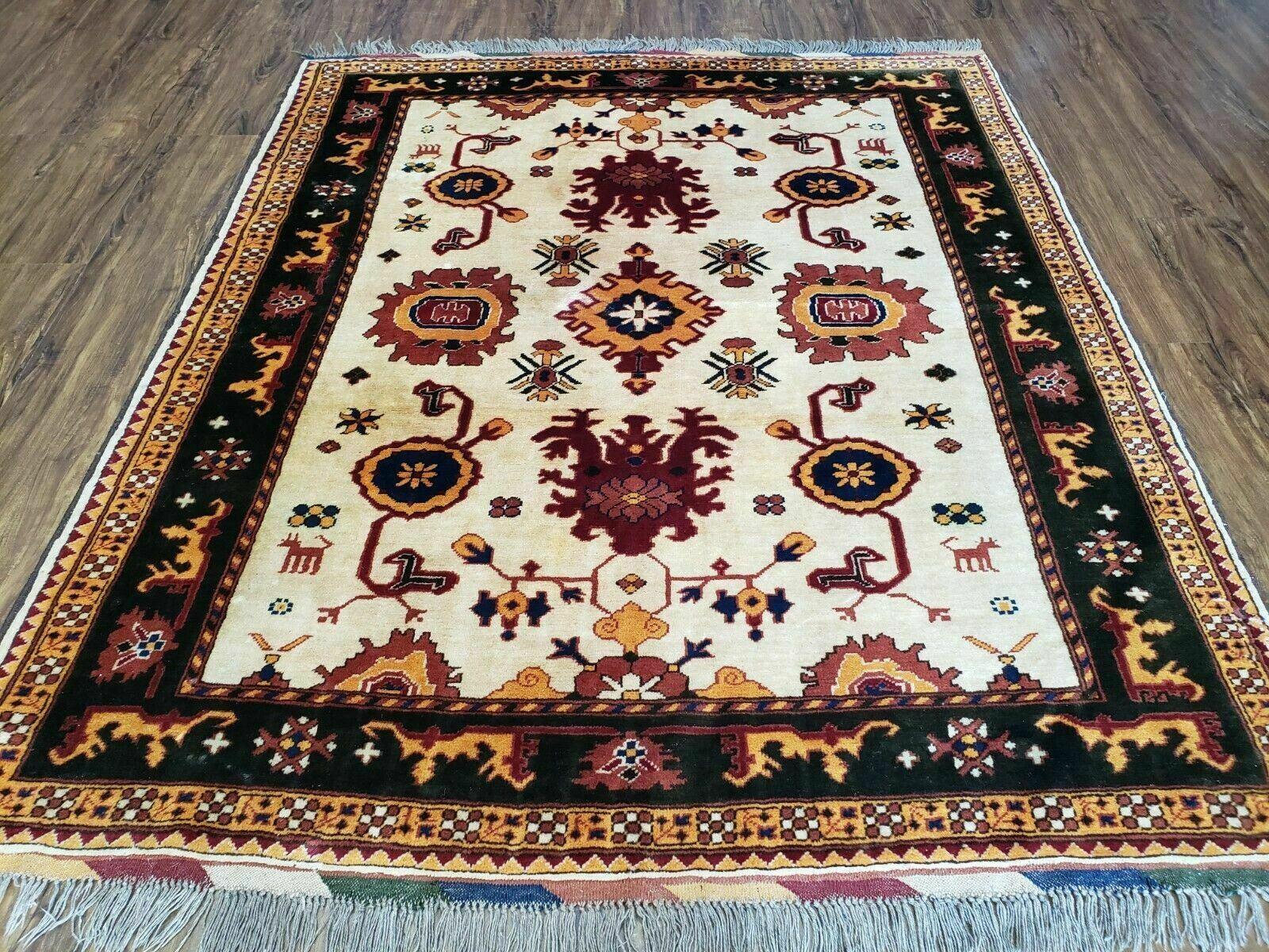 5' X 6' Vintage Handmade Knotted Turkish Kazak Pattern Wool Rug Bohemian Boho Interior Design