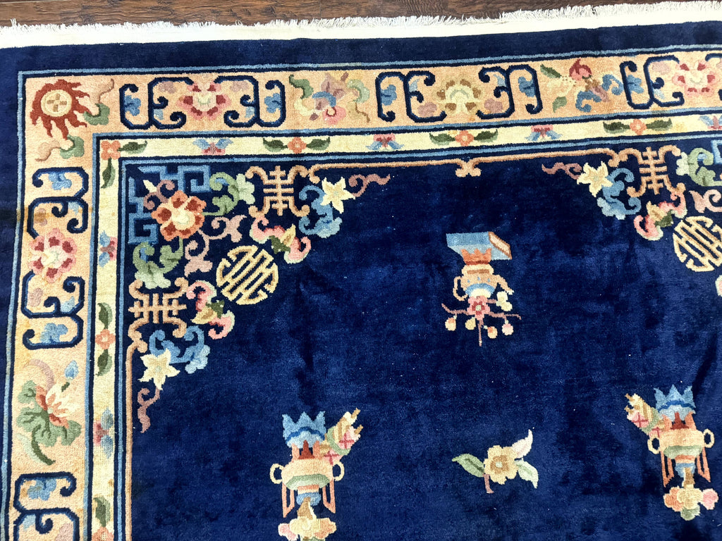 Chinese Wool Rug 8x11, Navy Blue and Beige, Simple Design, Fete Carpet