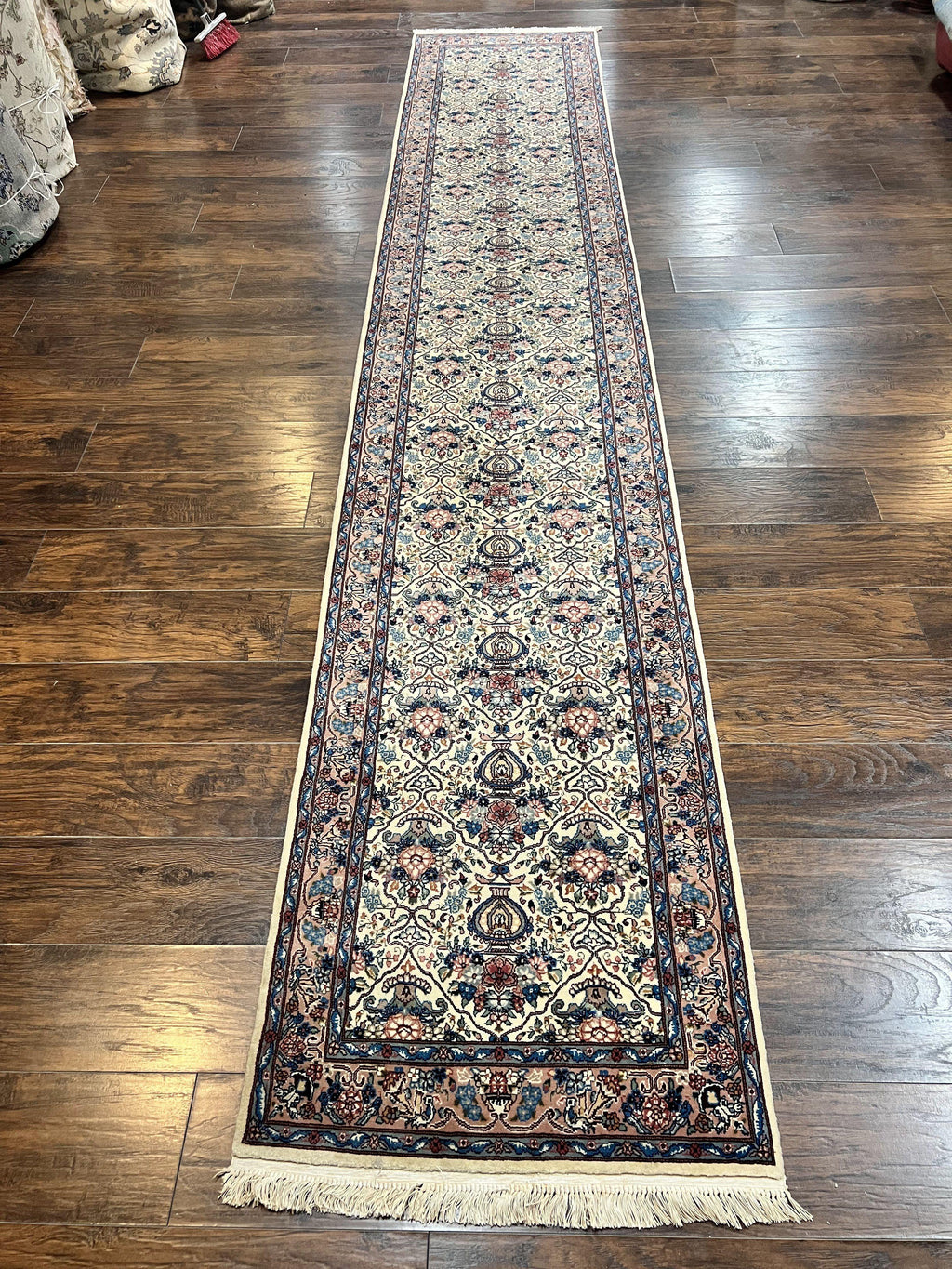 Sino Persian Runner Rug 2.8 x 14, Hand Knotted Vintage Oriental Hallway Rug, 14ft Runner, Cream, Floral, Wool