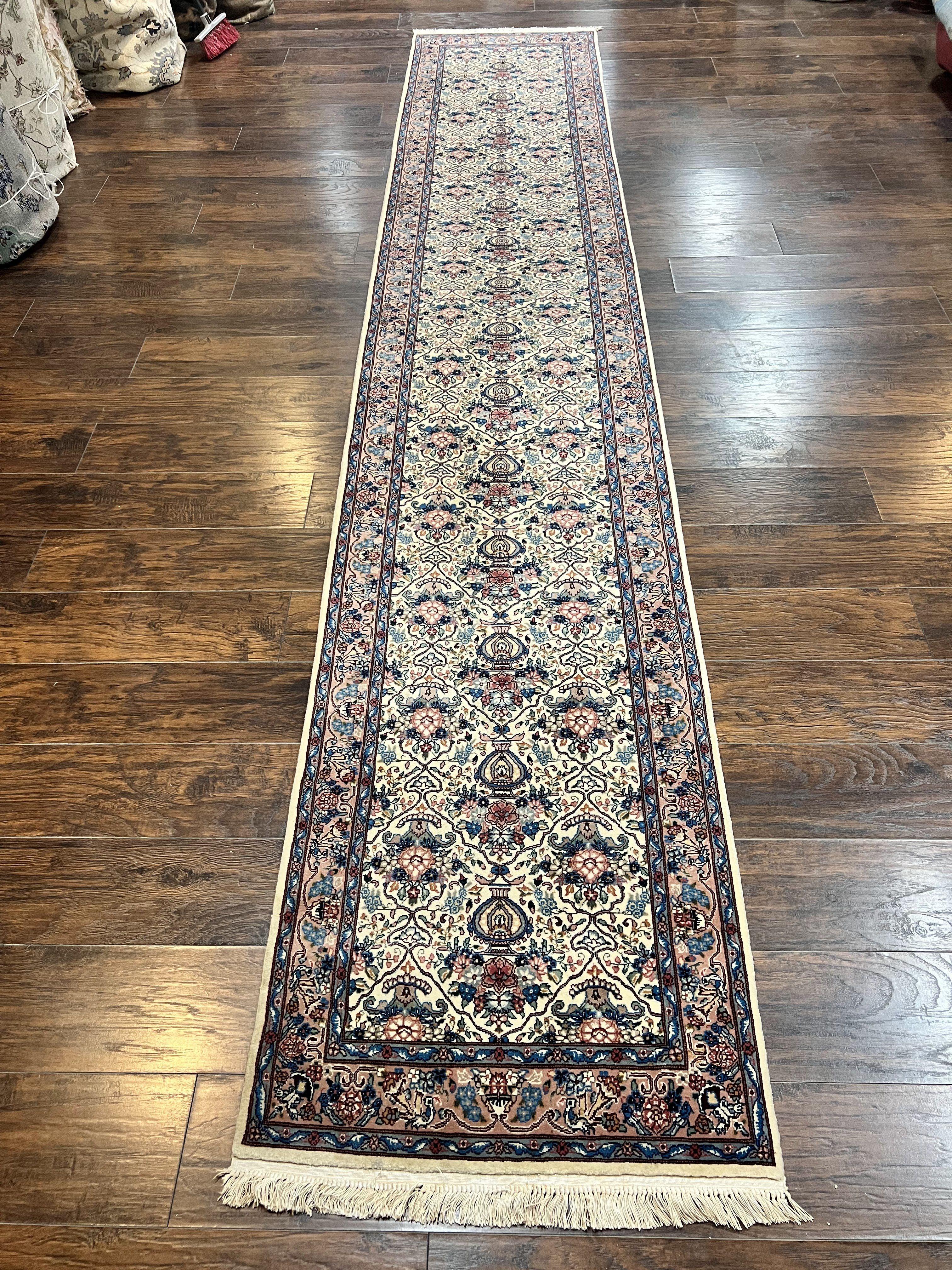 Sino Persian Runner Rug 2.8 x 14, Hand Knotted Vintage Oriental Hallway Rug, 14ft Runner, Cream, Floral, Wool