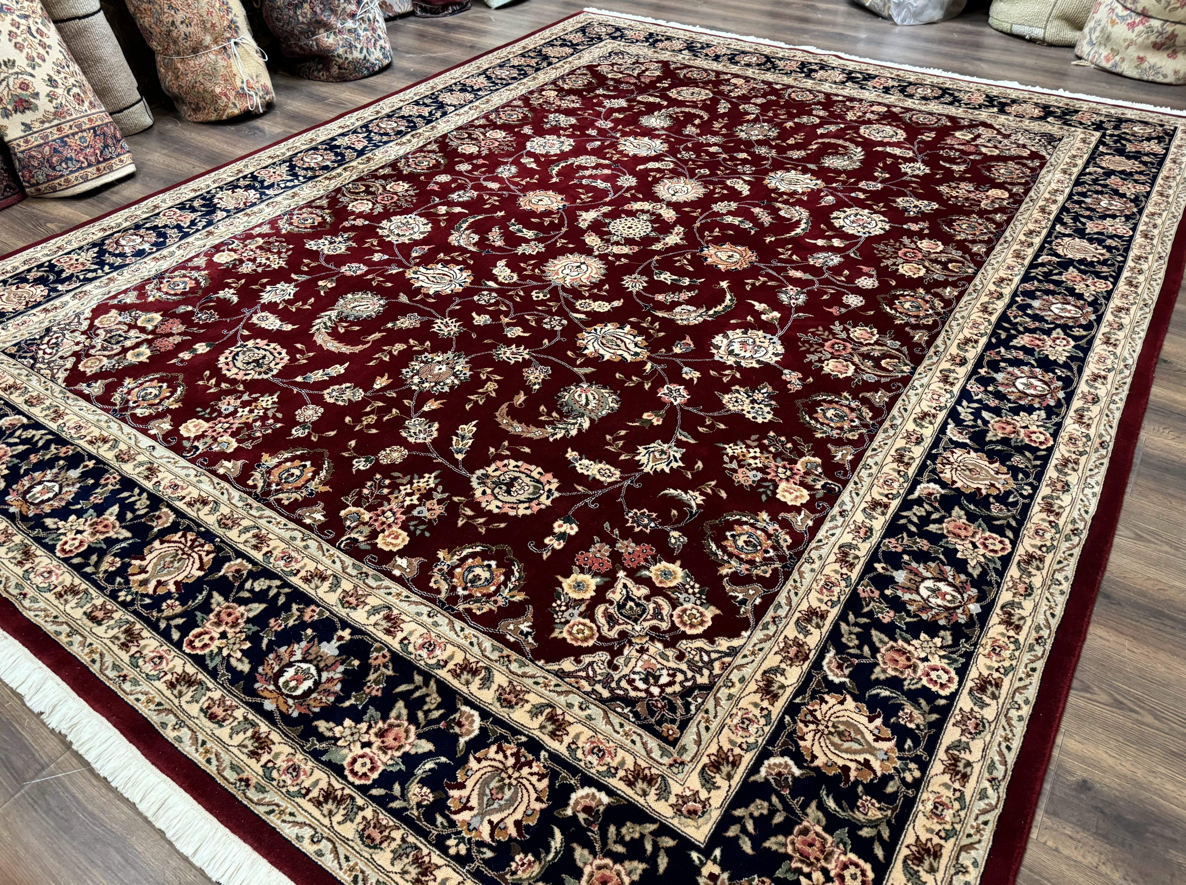 Sino Persian Rug 9x11, Burgundy and Navy Blue, Fine 200 KPSI, Floral Allover