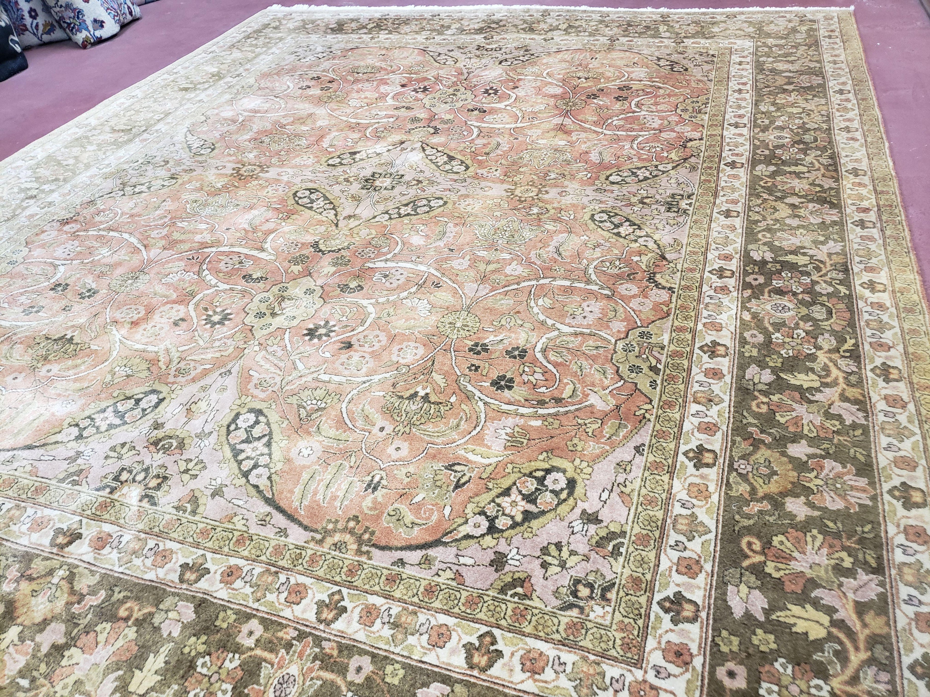 Indo Persian Rug 8x10, Vintage Indian Rug 8 x 10, Fine Hand-Knotted Wool Rug, Rose Clay Red Beige Brown Handmade Area Rug, Floral Medallion