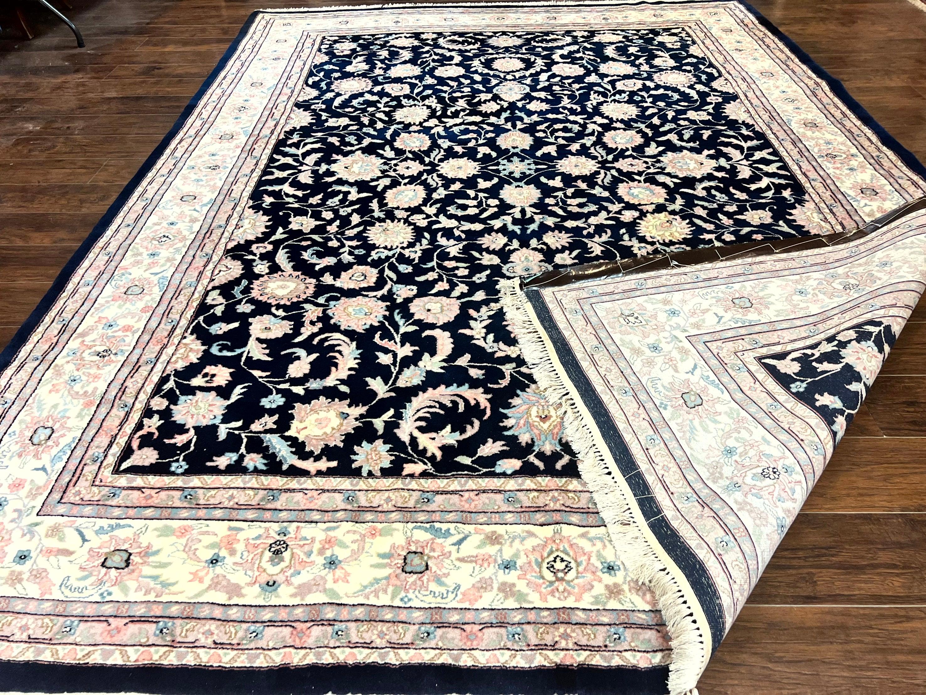 Indo Persian Rug 9x12, Navy Blue and Ivory/Cream, Floral Allover, Wool Vintage Handmade Carpet
