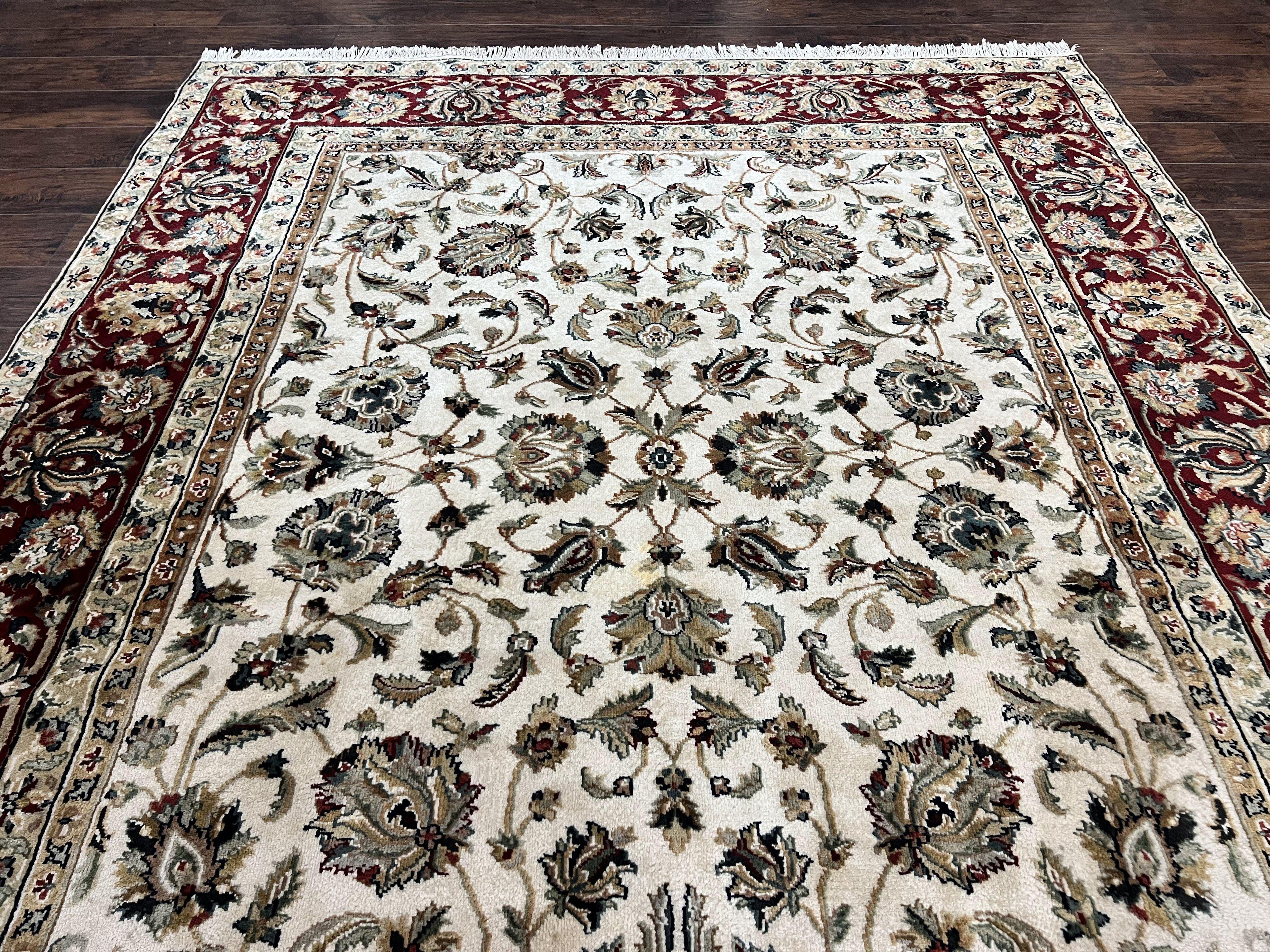 Indo Persian Rug 8x10, Wool Hand Knotted Vintage Carpet, Ivory Maroon, 8 x 10 Traditional Oriental Rug, Floral Allover Rug