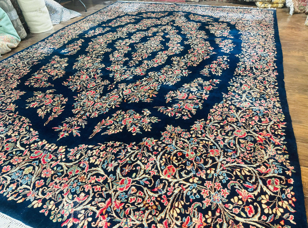 Antique Persian Kerman Rug 10x13, Navy Blue Floral Carpet, Fine 270 KPSI